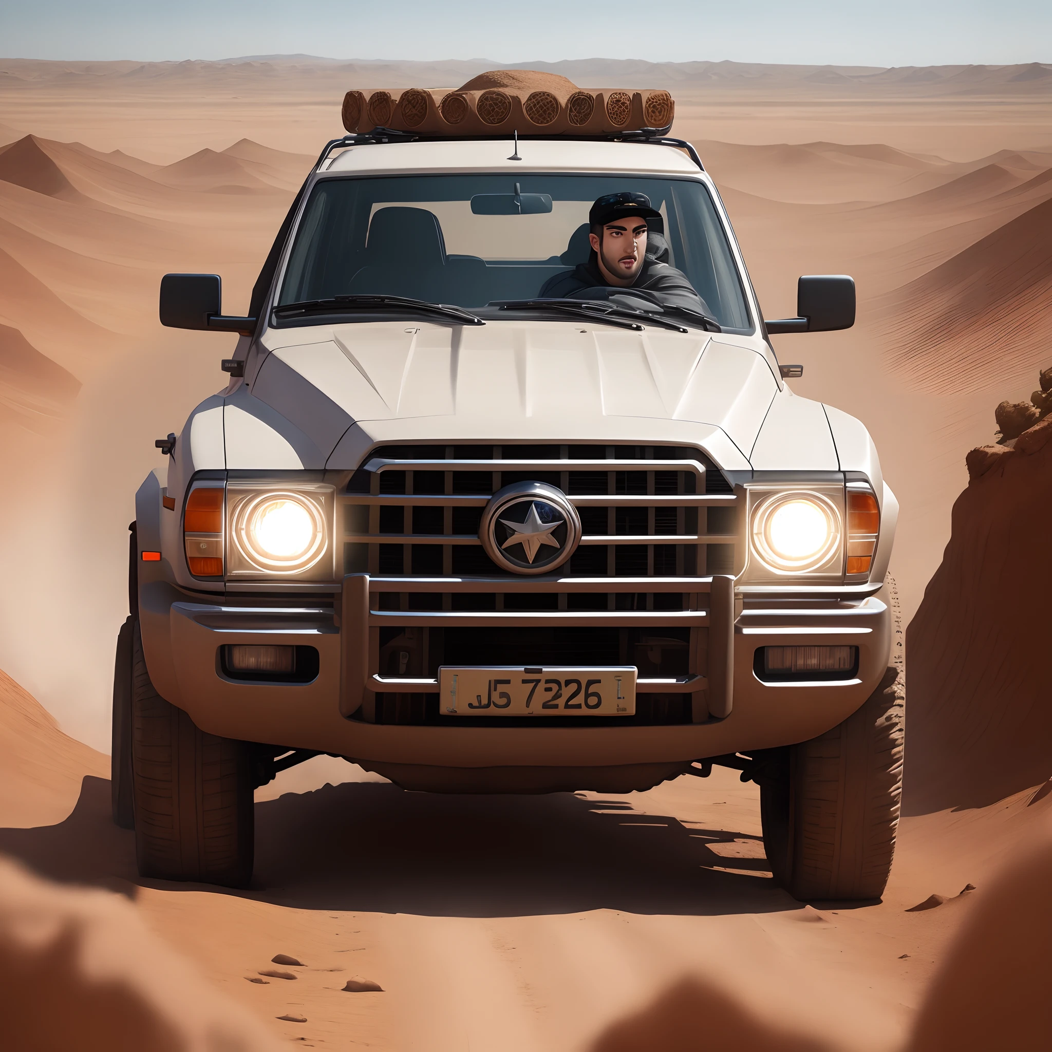 Big car in the disert with a hero man