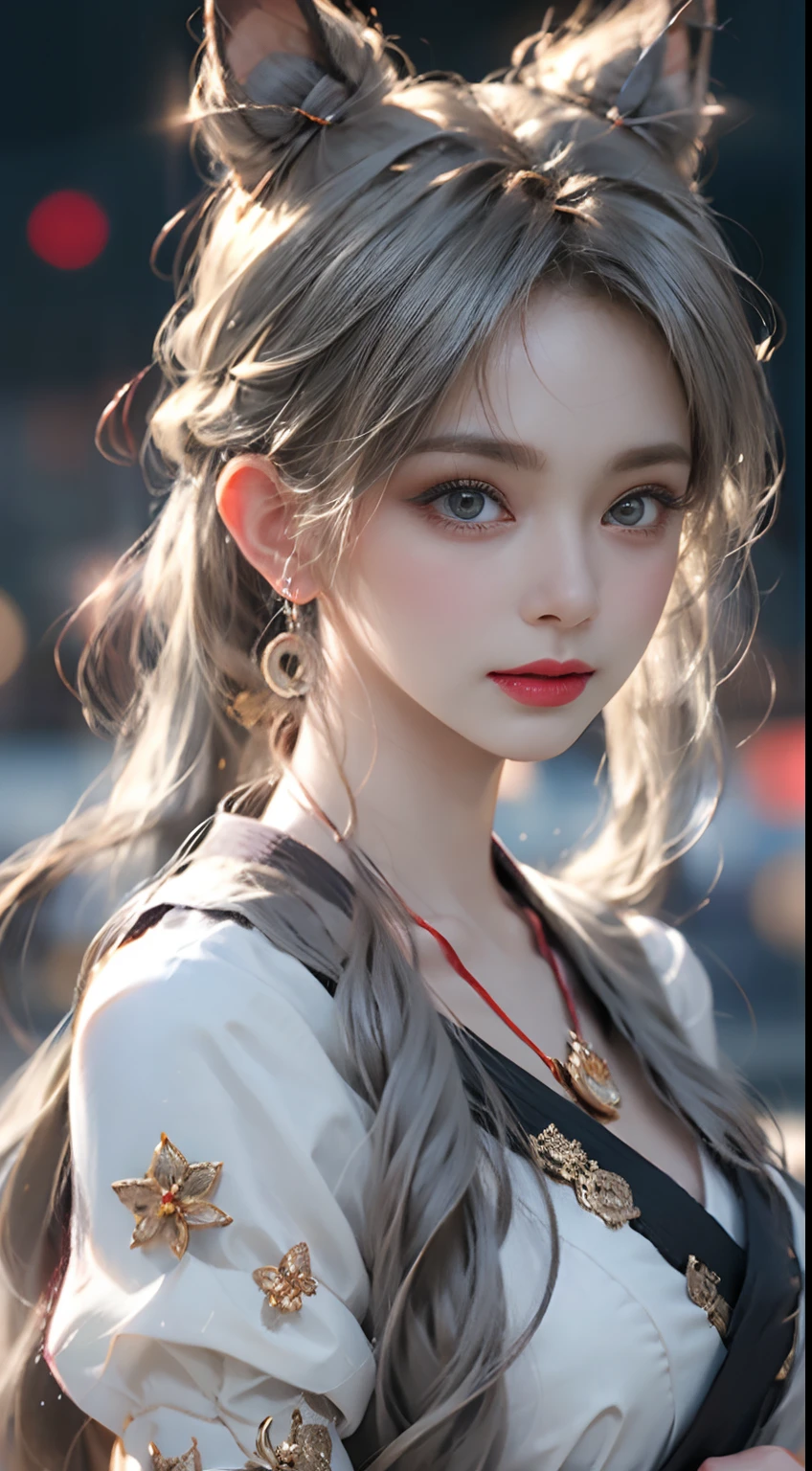 1 beautiful girl in Han costume, thin purple silk shirt with white color with many textures, white lace top, long platinum purple ponytail, Hair Jewelry, ear jewelry, light purple rabbit ears, necklace and necklace, meticulously drawn large purple eyes, meticulous makeup, Thin eyebrows, High Nose, lovely red lips, not smiling, pursed lips, rosy cheeks, wide breasts, Big breasts , well-proportioned bust, Slim waist, purple mesh socks, chinese hanfu style, fictitious art textures, vivid and realistic colors, RAW Photos, Realistic Photos, ultra high quality 8k surreal photos, (effective fantasy light effect: 1.8), 10x pixel, magical effect (Background): 1.8), ultradetailed eyes, girl body portrait, ancient hanfu background,