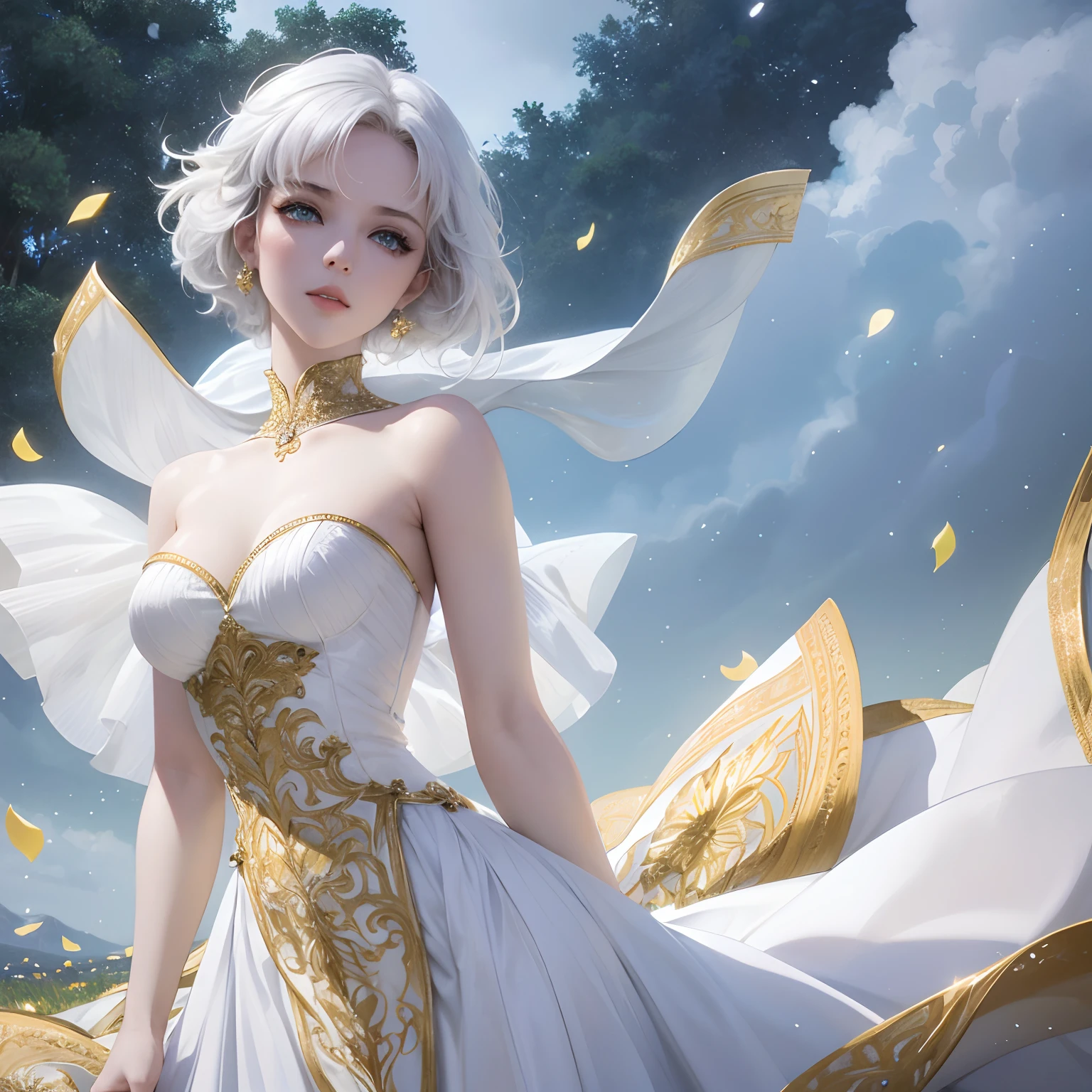 finest image, sexy beautiful woman, white glossy wavy iridescent short hair, blue sparkling big eyes, great proportion, pure white long dress with gold embroidery, background meadow on the hill, clear skies, sun and sunlight, rain and raindrops, petals, scatter white red gold and silver glitter and confetti, professional lighting