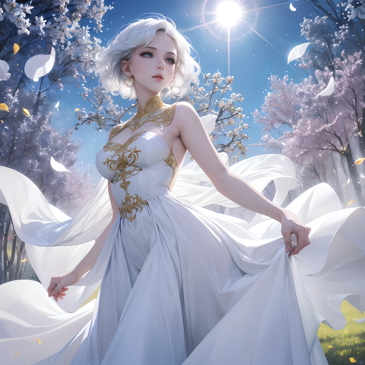 finest image, sexy beautiful woman, white glossy wavy iridescent short hair, blue sparkling big eyes, great proportion, pure white long dress with gold embroidery, background meadow on the hill, clear skies, sun and sunlight, rain and raindrops, petals, scatter white red gold and silver glitter and confetti, professional lighting