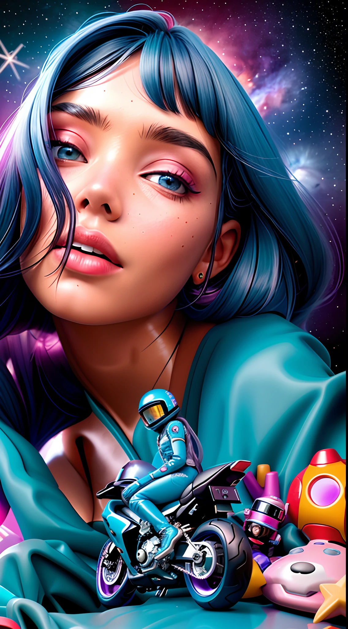 There's a woman with a motorcycle in the desert, inspirado em David LaChapelle, girl in space, Zoe Kravitz astronauta futurista, arca album cover, Zoe Kravitz como Astronauta, inspirado em Taro Yamamoto, powerful woman sitting in space, in outer space, Madison Beer como Leeloo, Arte Digital. @mariomaniacdude