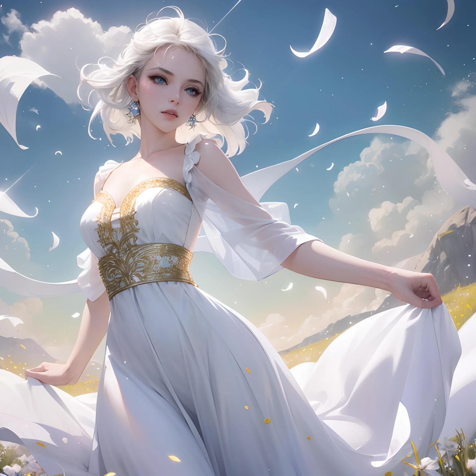 solo, finest image, sexy beautiful woman, laugh, happy, shy, amorous expression, lewd expression, ecstasy, orgasm, white glossy wavy iridescent short hair, blue sparkling big eyes, great proportion, pure white long dress with gold embroidery, background meadow on the hill, clear skies, sun and sunlight, rain and raindrops, petals, scatter white red gold and silver glitter and confetti, professional lighting