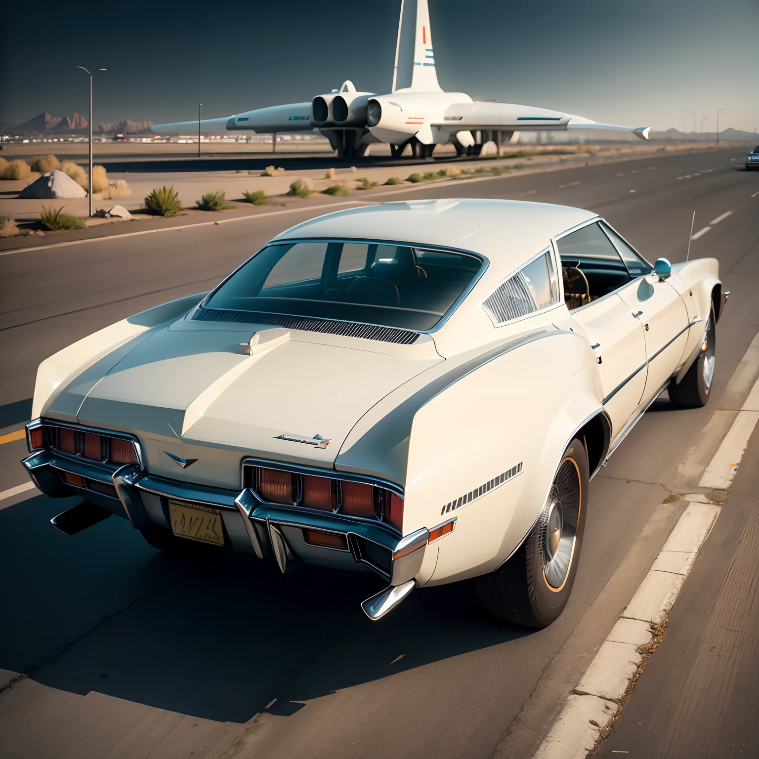 /imagine prompt: 1970s supersonic futuristic sedan Cadillac, Cooper color, akos major, aerial photography, fantastic realism, retrofuturism, hyper realism, soft lighting, art deco architecture