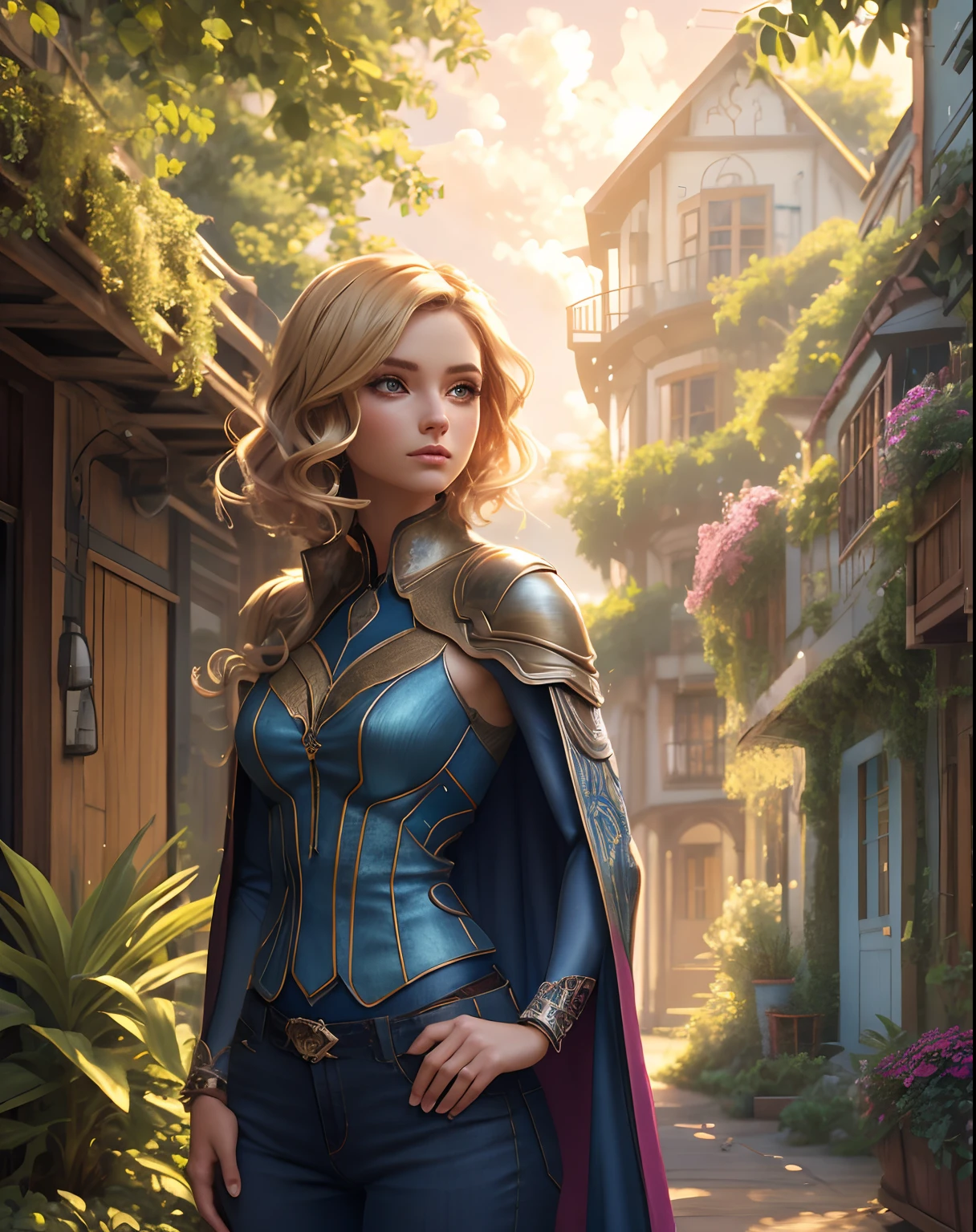 Drawing, hand drawn, beautiful detailed scene of a 25 year old woman wearing futuristic insectoid beetle shell as clothing, cape, beautiful deep blue, dusk scene, clouds, trendy, hands on hips, power pose, masterpiece, gem center, modest, traditional art, handdrawn, woman, cute hairstyle, messy hair, gradient on the hair, short blonde hair, magenta t-shirt, denim vest, old garden background with planter boxes and bushes, hands on hips, muted colors, by Loish