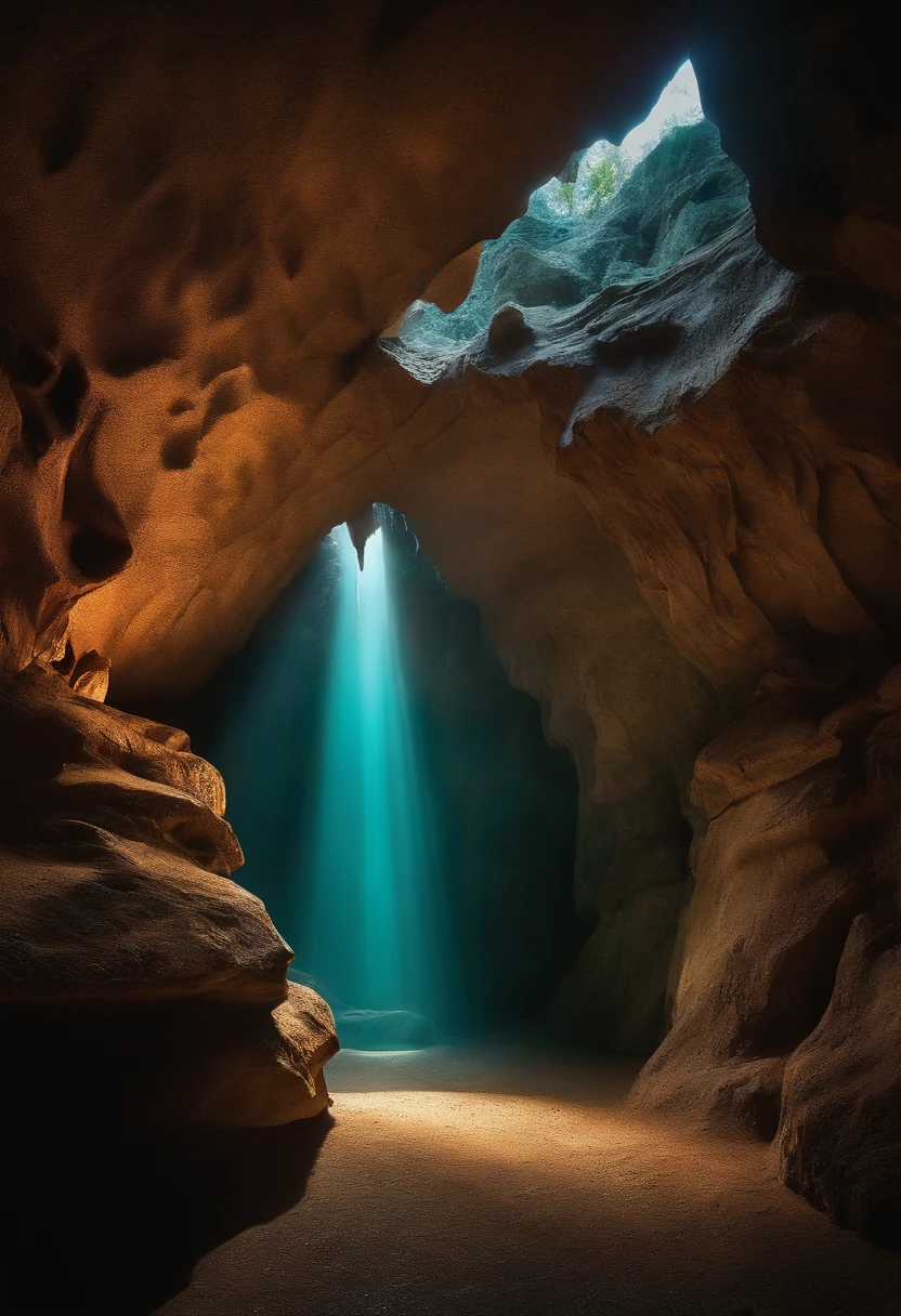 make an image of a realistic cave being seen from the entrance door with stalachitite, a light making a shadow