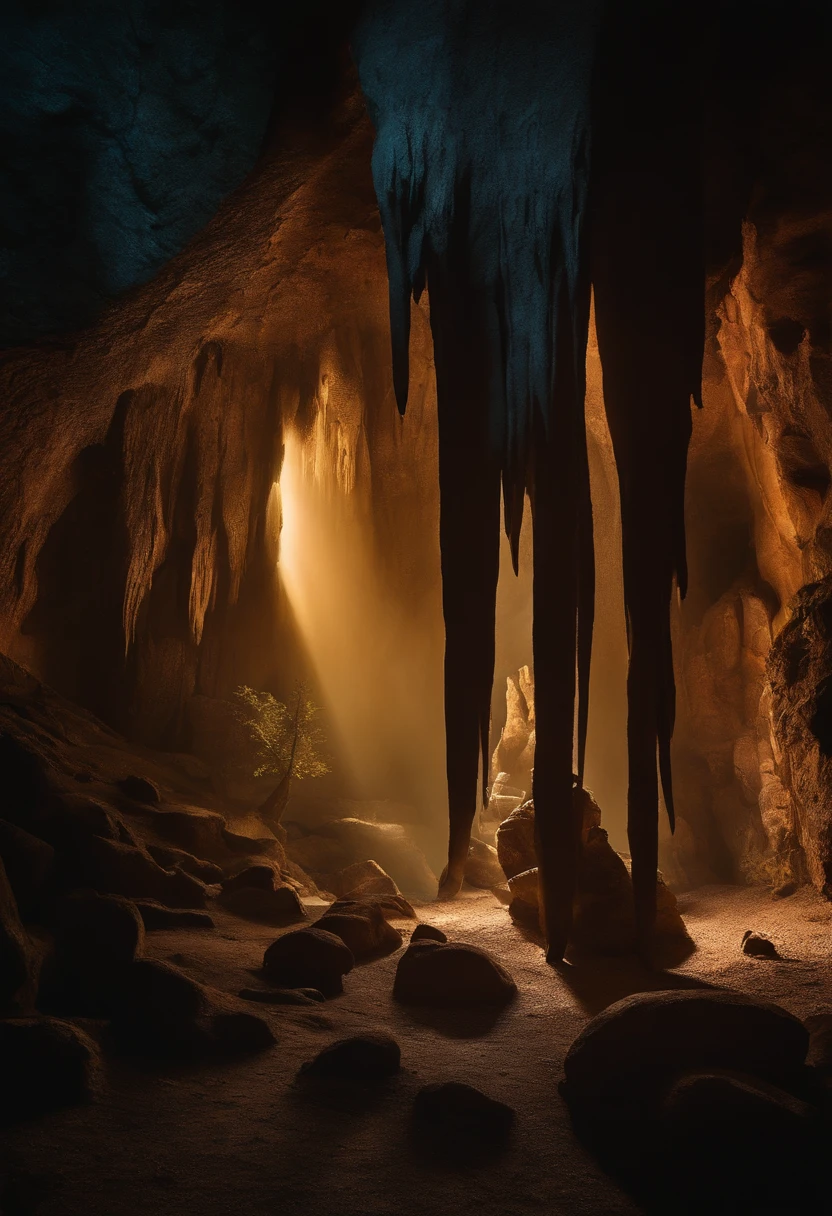 make an image of a realistic cave being seen from the entrance door with stalachitite, a light making a shadow