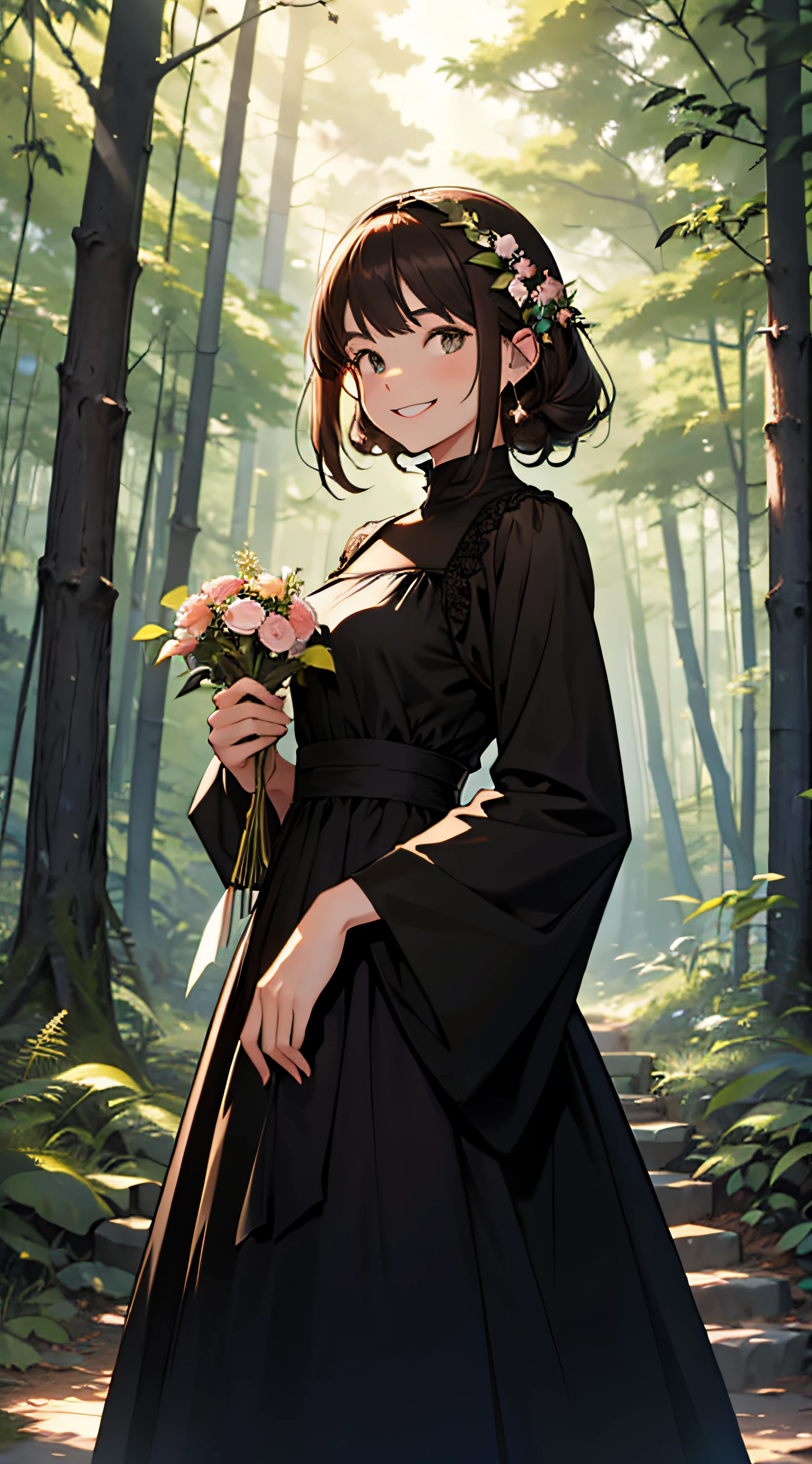 1 girl in a forest , wearing a black dress , brown hair, holding flowers, and smiling