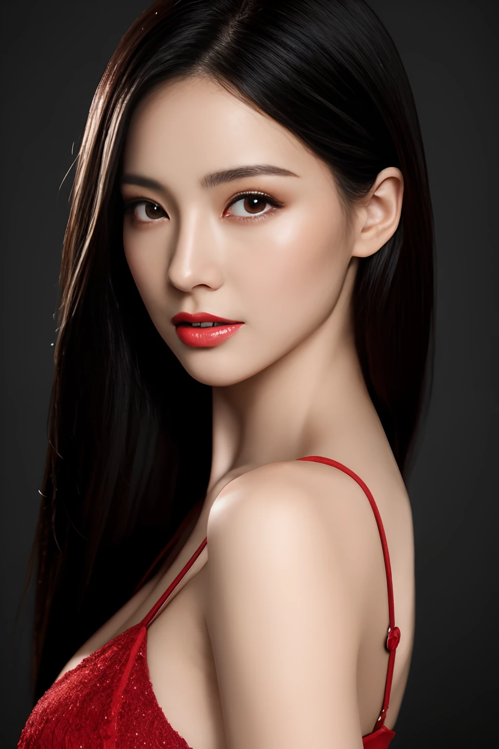 top-quality, ​masterpiece, 超A high resolution, Photorealsitic, Raw foto, ((one beautiful women)), 22year old, Detailed face, beautidful eyes, (See the viewer's eyes)、hyper realisitic、Smooth lighting、Improved cinematic lighting quality、8K、Realistic lighting、Back lighting、Facial Lights、Ray tracing、Realistic textured skin of the highest quality、fine detailed eyes、A detailed face、Fine quality eye、enhance the atmosphere of body line、Increase the beauty of skin texture、Seductive bust、Sexy eyes、Red dress、queen、Black hair、straight haired、((Full body))、((sexy  pose))、((Inviting Poses))