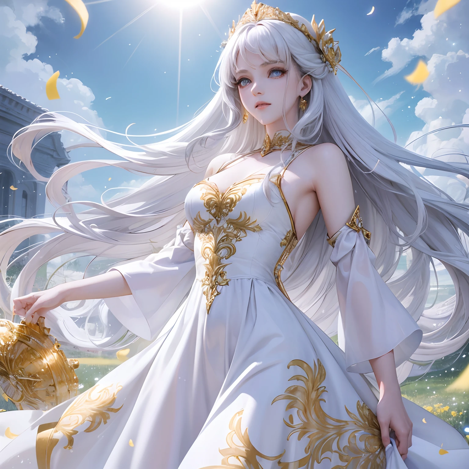 finest image, sexy beautiful woman, white glossy wavy iridescent long hair, blue sparkling big eyes, great proportion, pure white long dress with gold embroidery, background meadow on the hill, clear skies, sun and sunlight, rain and raindrops, petals, scatter white red gold and silver glitter and confetti, professional lighting
