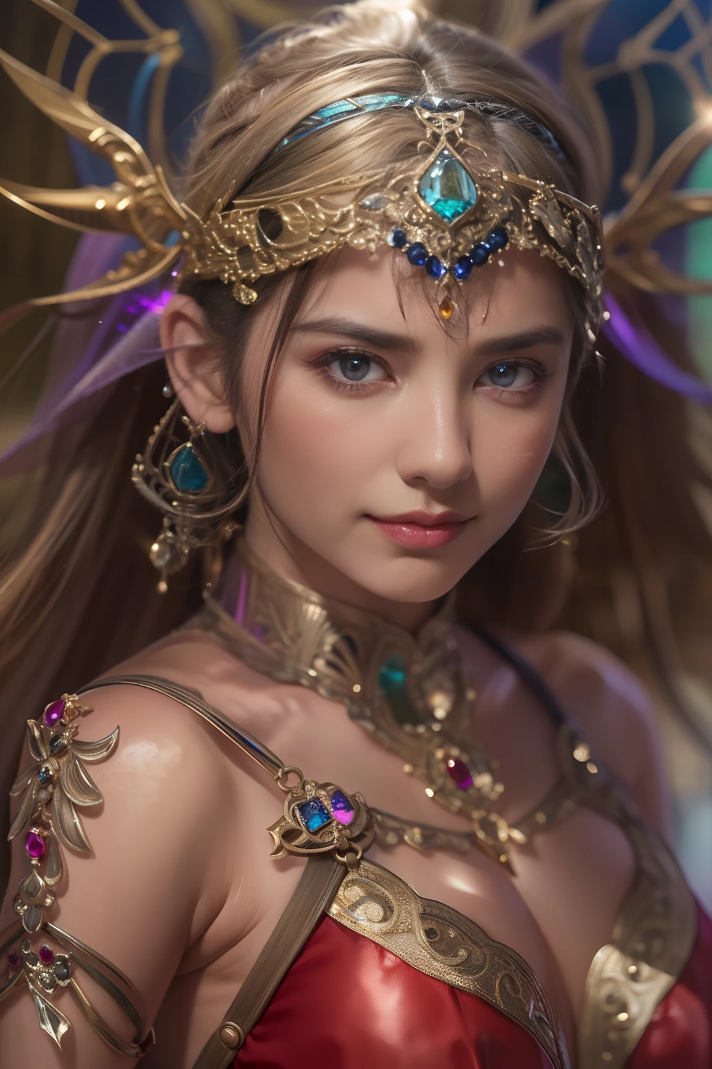 (Detailed iridescent bodysuit with beautiful fractal or marble design:1.5), (Beautiful and d delicate ruby, topaz, emerald and sapphire jewelry:1.6), Complex and colorful biomechanical bodysuit, Zentangle, mandalas, Entangled, Vulgarity, beutiful breast, (Open legs:1.4), obscenity, (Lewd smile:1.2), coarse, Obscene, mean, (raunchy:1.2), (Immoral:1.2), Lachish, (small breasts with raised areolas,:1.6), (Cameltoe), (Expression of ecstasy:1.2), Photorealistic, Official art, Unity 8k wallpapr, 8K Portrait, Best Quality, Very high resolution, (Incredibly beautiful nature background:1.6), One girl, One beautiful teenage italian girl, (14 years old:1.3), (Sexy and glamorous:1.1), (A coquettish expression:1.6), (seductively smiling:1.2), (Full body), (erotic posing:1.5), (Magic Attack Pose:1.6),(magical effects like sparkles or energy:1.5), (Electric shock from hands:1.1), Beautiful seductive face, Portrait, (Thick eyebrows:1.2), (Big purple eyes:1.2), Beautiful eyes with fine symmetry, (Ultra detailed eyes:1.4), (High resolution eyes:1.1), Intimate face, (ultra detailed skin texture:1.4), White skin, pale skin, Perfect Anatomy, Thin, (Beautiful toned body:1.1), Hair Bow, (Moist skin:1.1), full of sweat, No makeup, dark circles, Good anatomy, Focus Face, good-looking, (Emilia Clark:0.6) (Emma watson:0.3),(Jennifer Connelly:0.4), (sensual face:1.5), Elegant face, Nice, Dolce, Cyberpunk Sci-Fi, (Gauntlets with intricate and beautiful designs:1.2), Blurred background, Blurred foreground, depth of fields, (Motion Blur:1.1), (Small breasts:1.2), Sheer breast, (beautiful boob:1.2), (NSFW:1.2), large hips, drivel, Juice stain, grabbing on breasts, (Slim and toned body:1.5), (Low-cut punk medieval armor:1.2), (Bright chrome gold lingerie with sharp reflections:1.2) (Pedras preciosas:1.2)