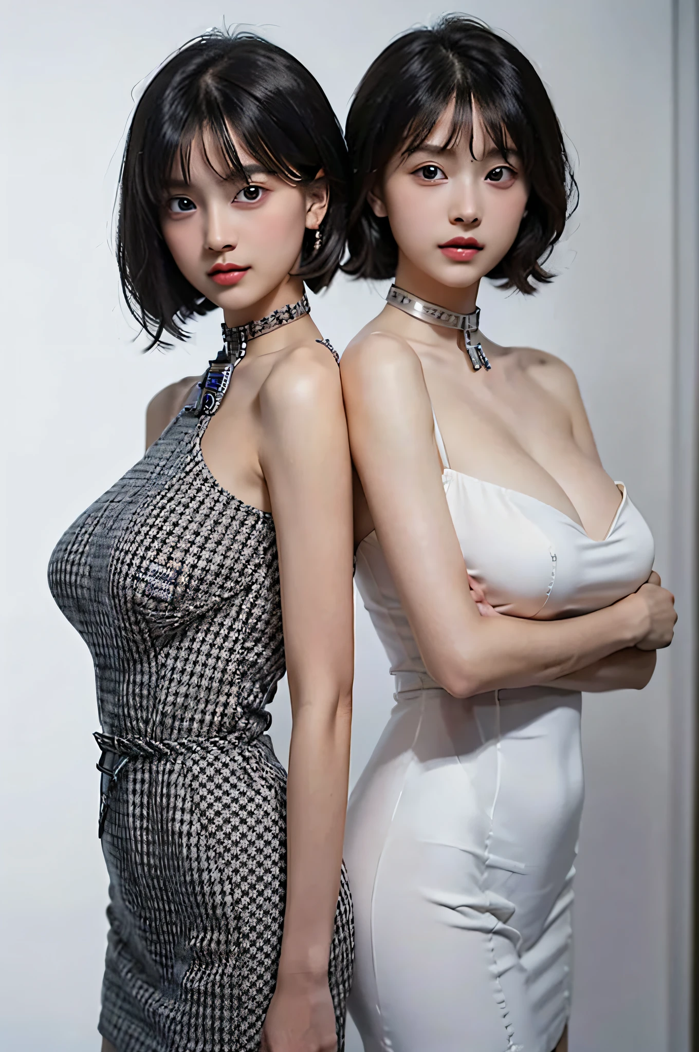 (Lighting like fashion, (Realistic bright lighting), ((Best Quality, 8K, masutepiece))), (((Clear focus:1.5))), BREAK ((Two kawaii girl, Two Women, Duo, They are back to back, (Same Height):1.5)), (Friendly, Calm and Gentle Smile:1.4), ((Very Beautiful Women in their late 10s)), Change face type randomly & Women's hair), BREAK (Perfect beauty, (Very Porcelain Skin, Very Fair Skin, Fine and Beautiful Skin:1.4), Super Smart, Faces with random and very beautiful details, Fine face, Symmetrical beautiful face, symmetrical beautiful eyes, Fine Eyes Detail, ((Large eyes, Hyper Detail Eyes:1.2)), Both eyes are synchronized, Focused Gaze, on focus, Look at us, Thin Lips, Crimson Red Color Lipstick:1.1), BREAK (((7 Head-toll), sloped shoulder, narrow shoulders, thin upper chest, Thin under the chest, thin waist)), (E cup, (Huge Breasts), Soft and Well-Shaped Breasts)), ((Random Length, Straight Hair, Very Short Hair with Bangs)), (Exquisite beautiful facial features) BREAK (((thom browne design dress), Fabric is thin and Very See-through:1.4)), BREAK (Wide Leather Choker), slim figure, BREAK ((Random emotions, Random poses synchronized with emotions, randam angle, Random Location, Random position)), BREAK ((Bright White Color Simple Gradation Background:1.3)), Double eyelids,