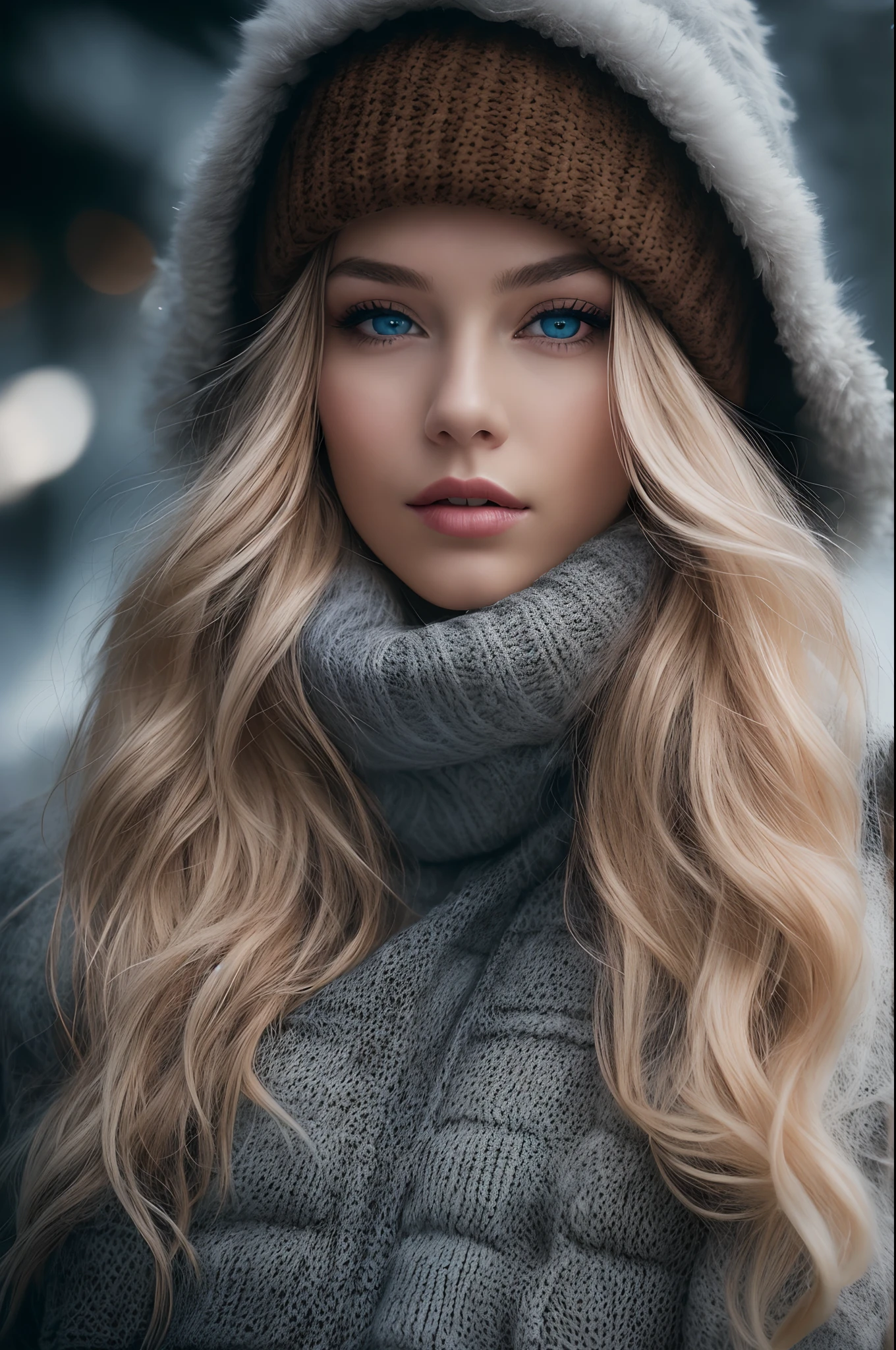 Professional portrait photo of gorgeous Norwegian girl in winter clothes with long wavy blonde hair, gorgeous symmetrical face, Wearing elegant and warm winter fashion clothes, yuki, Fog,ultrasharp, Detailed face,
Stunning modern urban environment, A hyper-realistic, Highly detailed, Convoluted, Sharp Focus, depth of fields, medium shot, nffsw, 8K, Perfect Eyes Eyes, High contrast