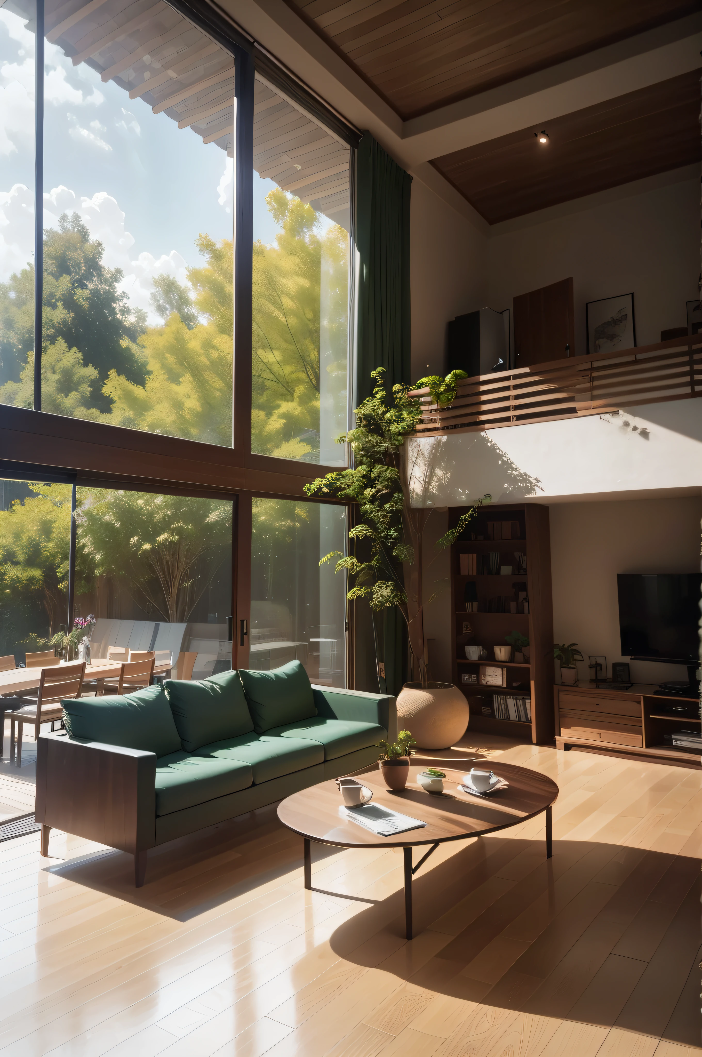 A tree growing through a modern living room of organic design, (La mejor calidad, 4k, Altas Resoluciones, Ultra detallado), (realista:1.37), (HDR), (vivid colors), (physically based representation), (profesional), (Pintura ultrafina), (foco nítido), (Studio lighting), Retratos, Paisaje, (Artistas conceptuales), (Bokeh), suelo de madera, Ventanas de piso a techo, intemperie, Luz solar natural, Hojas verdes exuberantes, ramas girando alrededor de los muebles, Intricate tree roots, Comfortable seating area, Contemporary furniture, Minimalist décor, clean lines, Texturas contrastantes, Paleta de colores neutros, Serene atmosphere