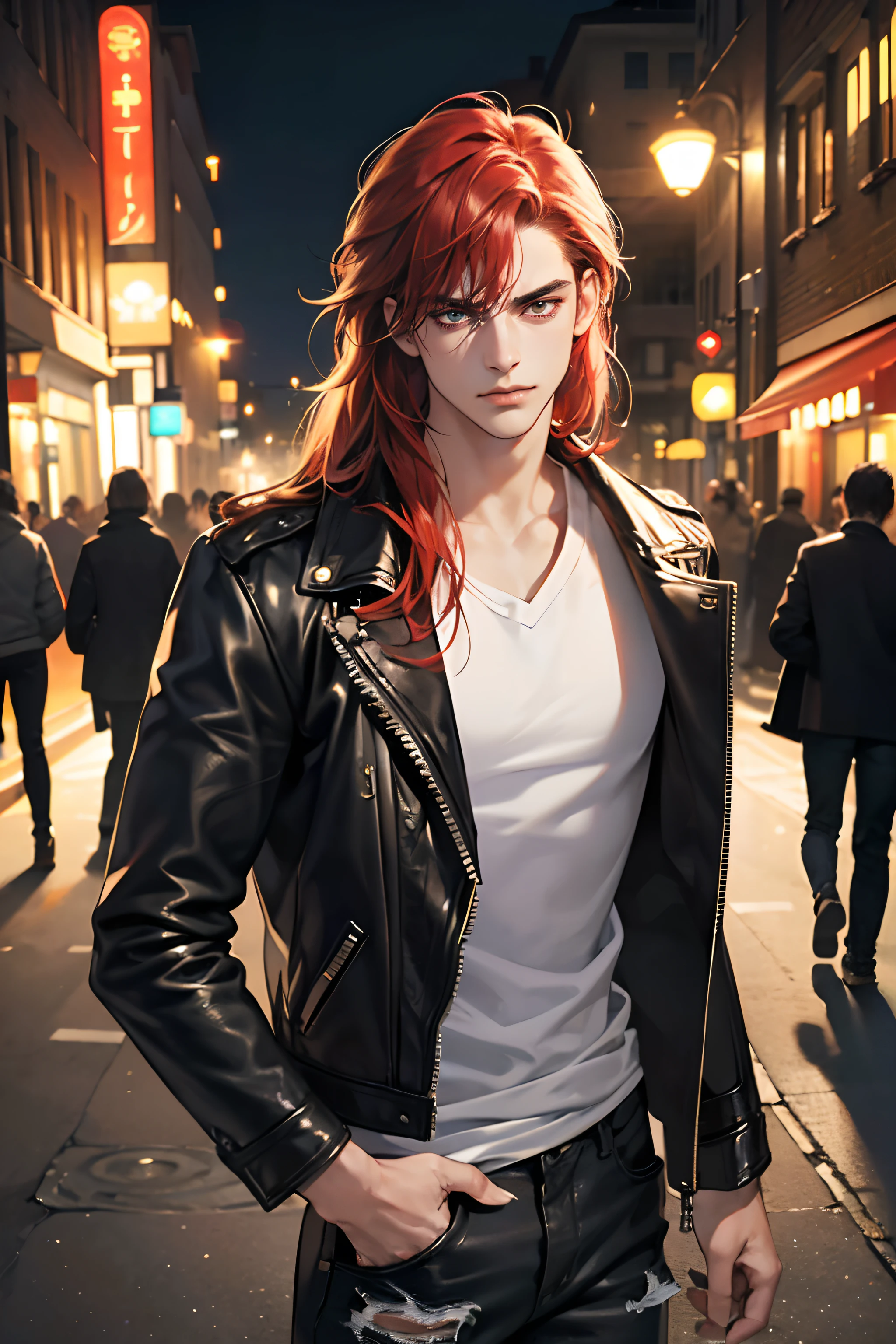 (tmasterpiece, high resolution, ultra - detailed:1.0), (1 boy, Young male, masculine face), Perfect male body, tall and strong, Adult male, Delicate eyes and delicate face, Extremely detailed CG, Unity 8k wallpaper, Complicated details, Detailed face, (red hair, long messy hair, eye looking to camera, serious faces, frown, black leather jacket, ripped jeans), (street style:1.2), Outdoor, (Street at night), color difference, Depth of field, dramatic shadow, Ray tracing, Best quality, Cinematic lighting, offcial art,Portrait