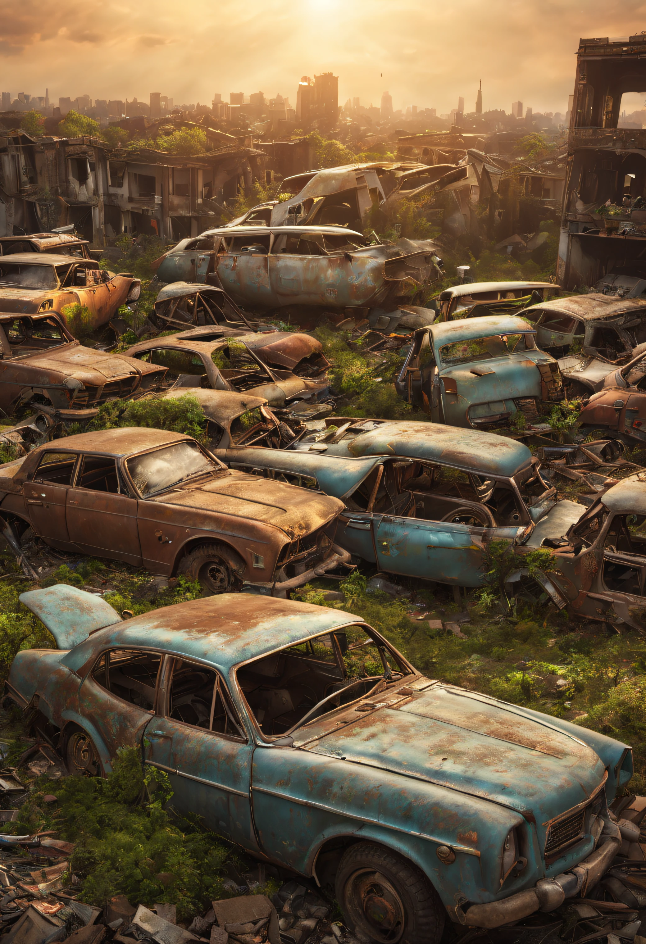 (best quality, HDR, ultra-detailed, realistic:1.37), post-apocalyptic, 3D abandoned city, destroyed buildings, plane crashed, car graveyard, abandoned cars, vegetation next to buildings, abandoned vehicles strewn and stacked, sunset.