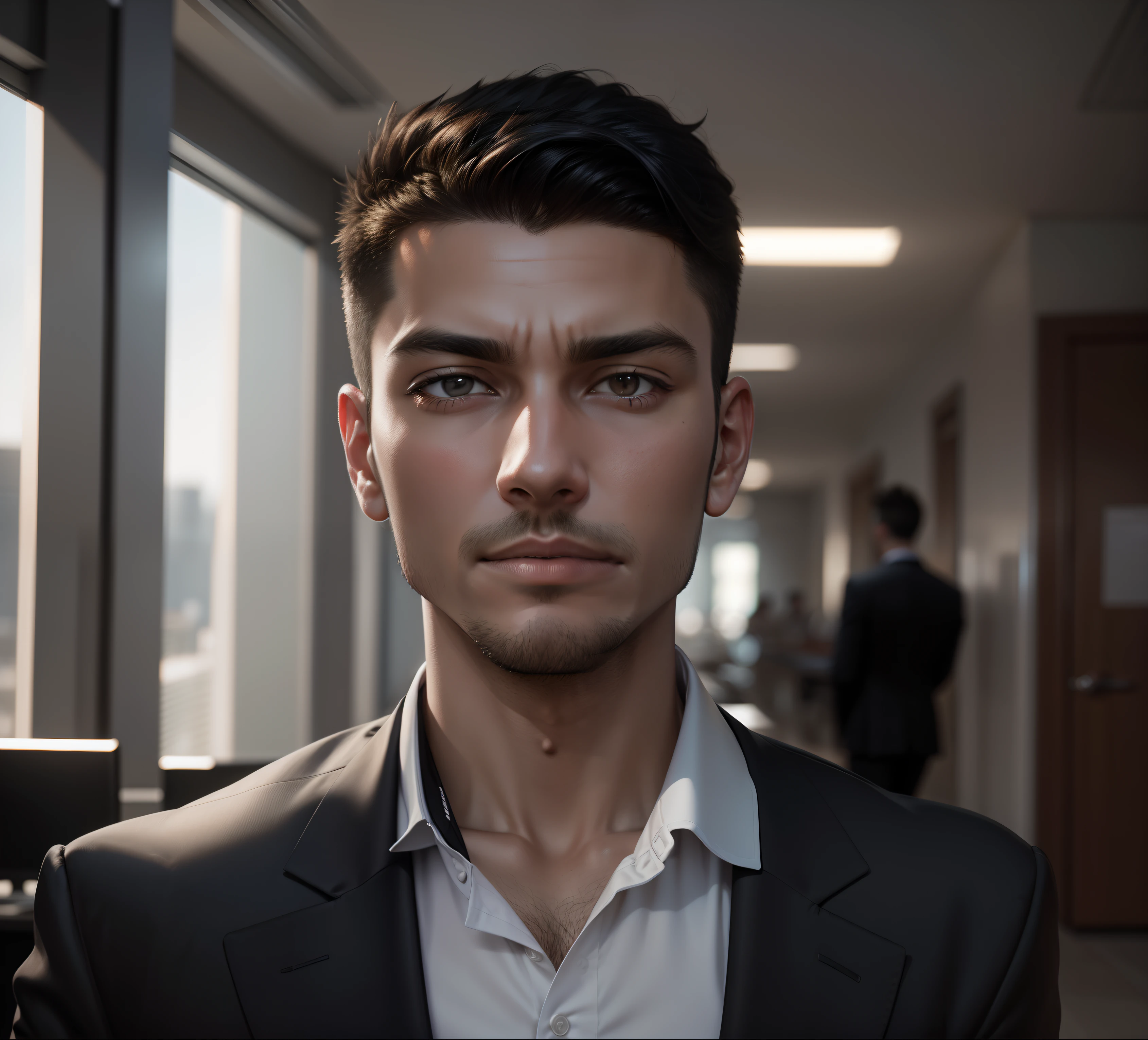 Young businessman, in a black suit, Chest-to-chest photo, Quality 8 K, ultra realistis, Change Office background