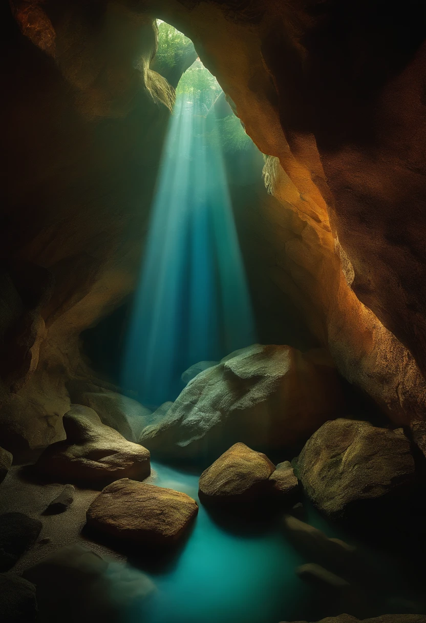 make an image of a realistic cave being seen from the entrance door with stalachitite, a light making a shadow