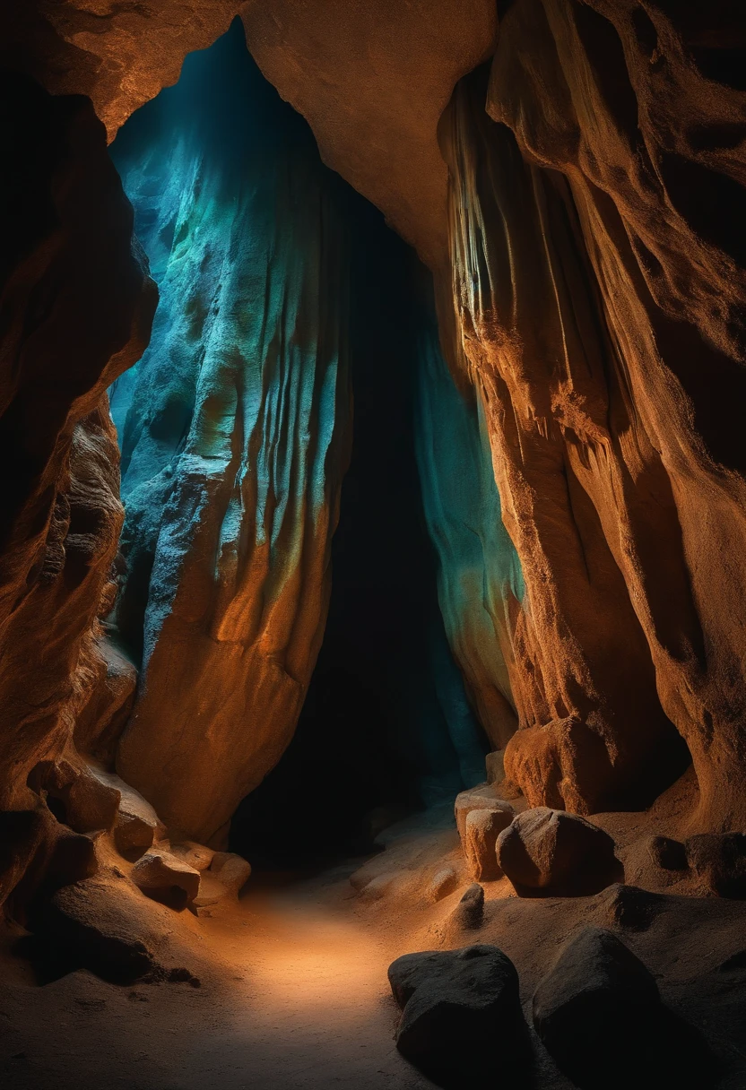 make an image of a realistic cave being seen from the entrance door with stalachitite, a light making a shadow