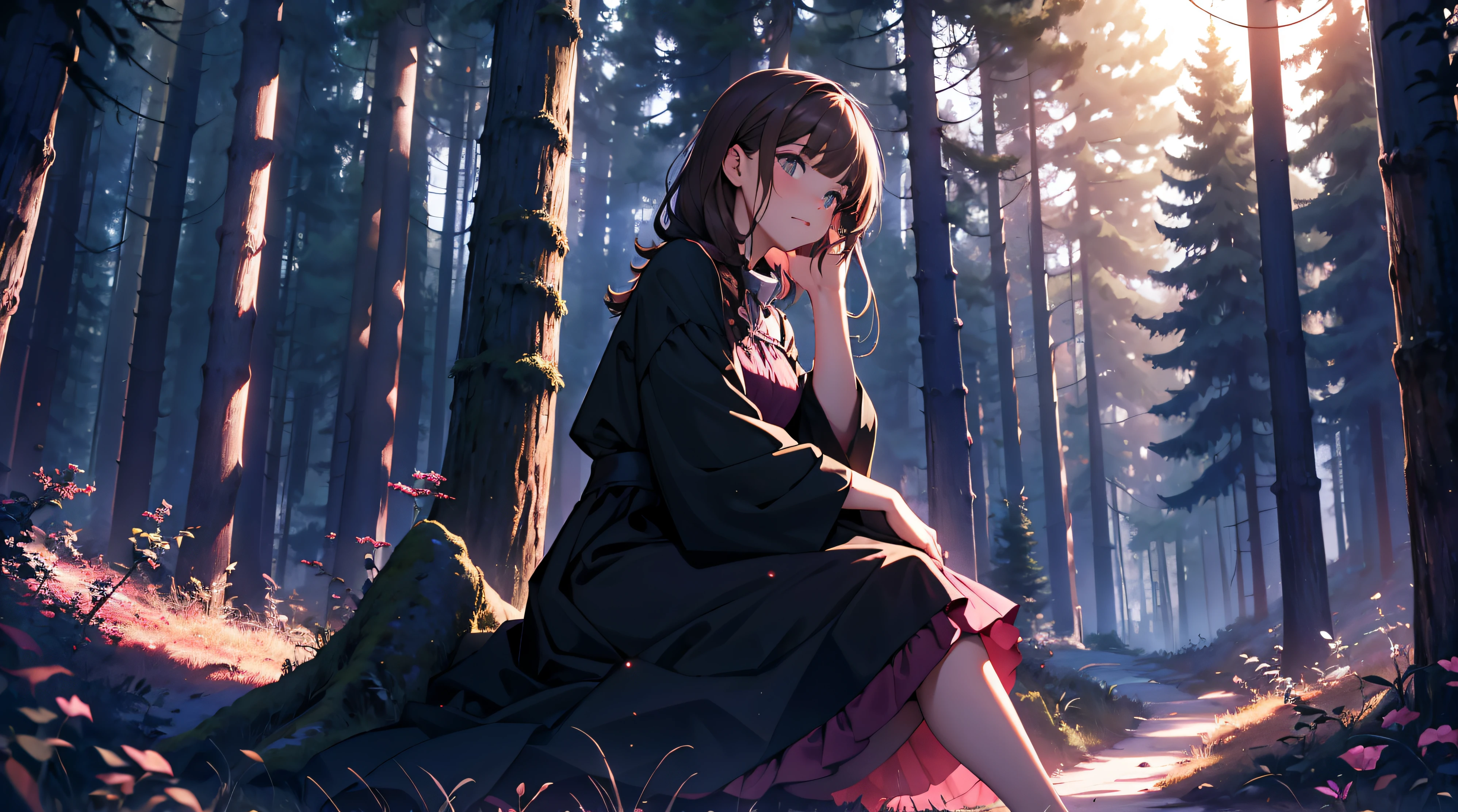 1 girl in a forest , wearing a black and pink dress , light brown hair, night time , sitting ona cutted tree and looking at stars