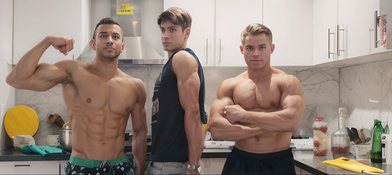 Three muscular young guys posing, standing in kitchen