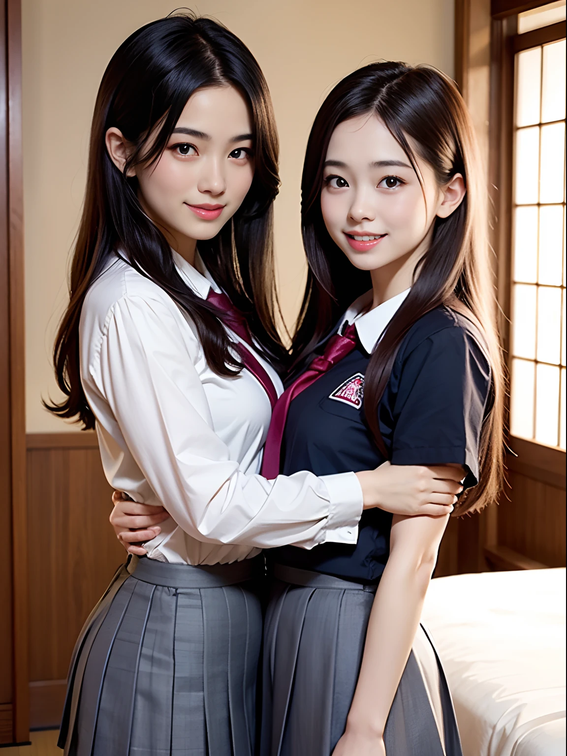 (realistic images like life), (lifelike big schoolgirl), Japan(in uniform), (wearing a cute smile), beautiful face, pink miniskirt, (without bra), (full exposed), pink, bedroom bed, (one leg panties), (light blue panties), long black hair, (open legs), (female genitalia exposed), (pubic hair), (female genitalia beautiful pink), wearing knee socks --auto