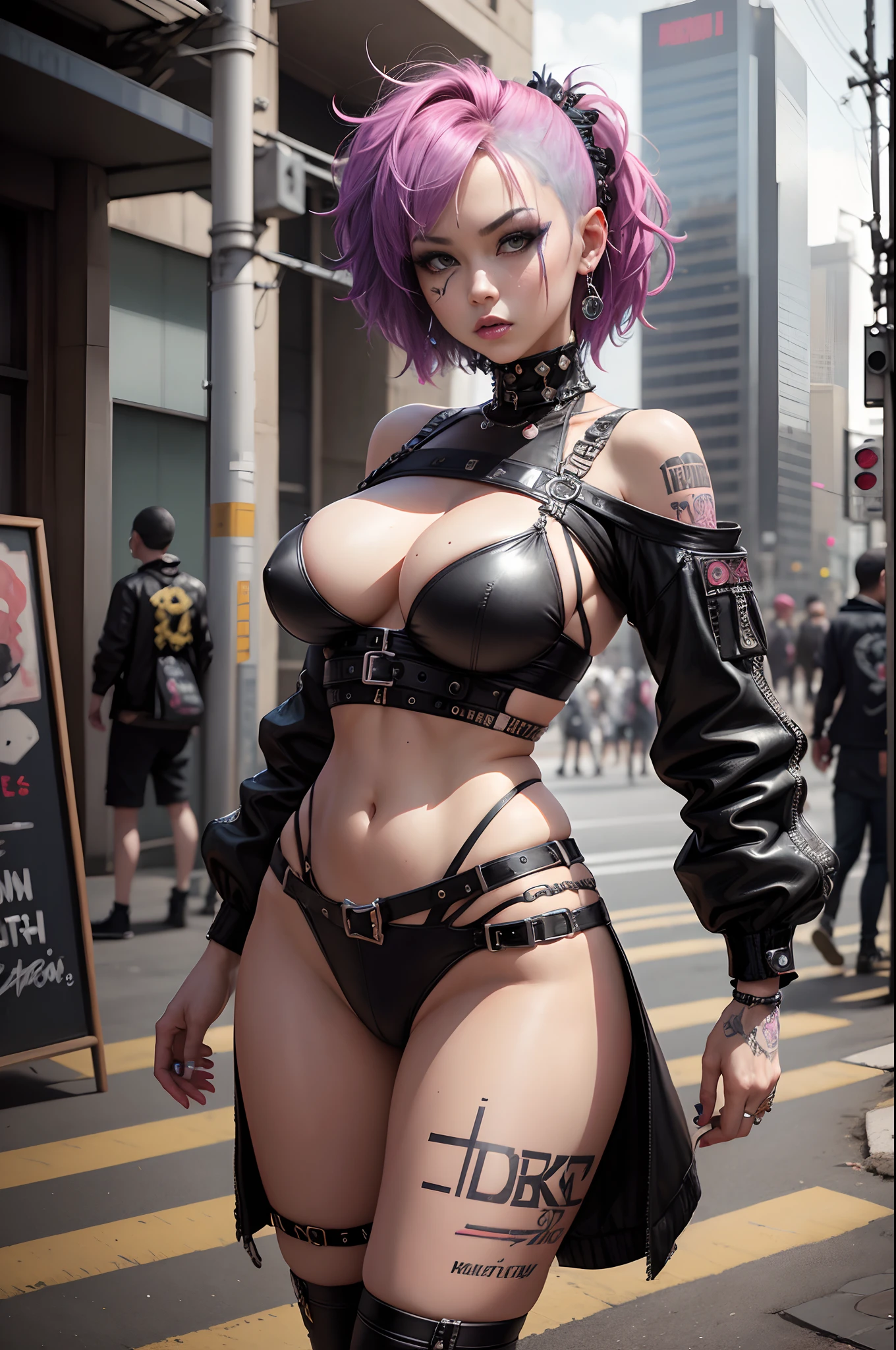 (8K,masuter piece:1.2、top-quality)、(Live action、Intricate details)、(1lady、独奏、The upper part of the body、Colossal tits) garments: Edgy、Avant-garde、Experimental appearance: Shaved head or bold hair color、real looking skin Dramatic makeup、Unconventional fashion choices behavior: Rebel、Anti-system、Provocative Location: urban art district、Underground Music Scene Hobbies: Take part in punk shows、Cyberpunk costumes Create mixed media art、Experiment with different subcultures values: individuality、authenticity、Creative Expression Inspiration: Punk rock music、Counterculture icons、avant-garde art movements Personality traits: boldness、boldness、Unconventional。