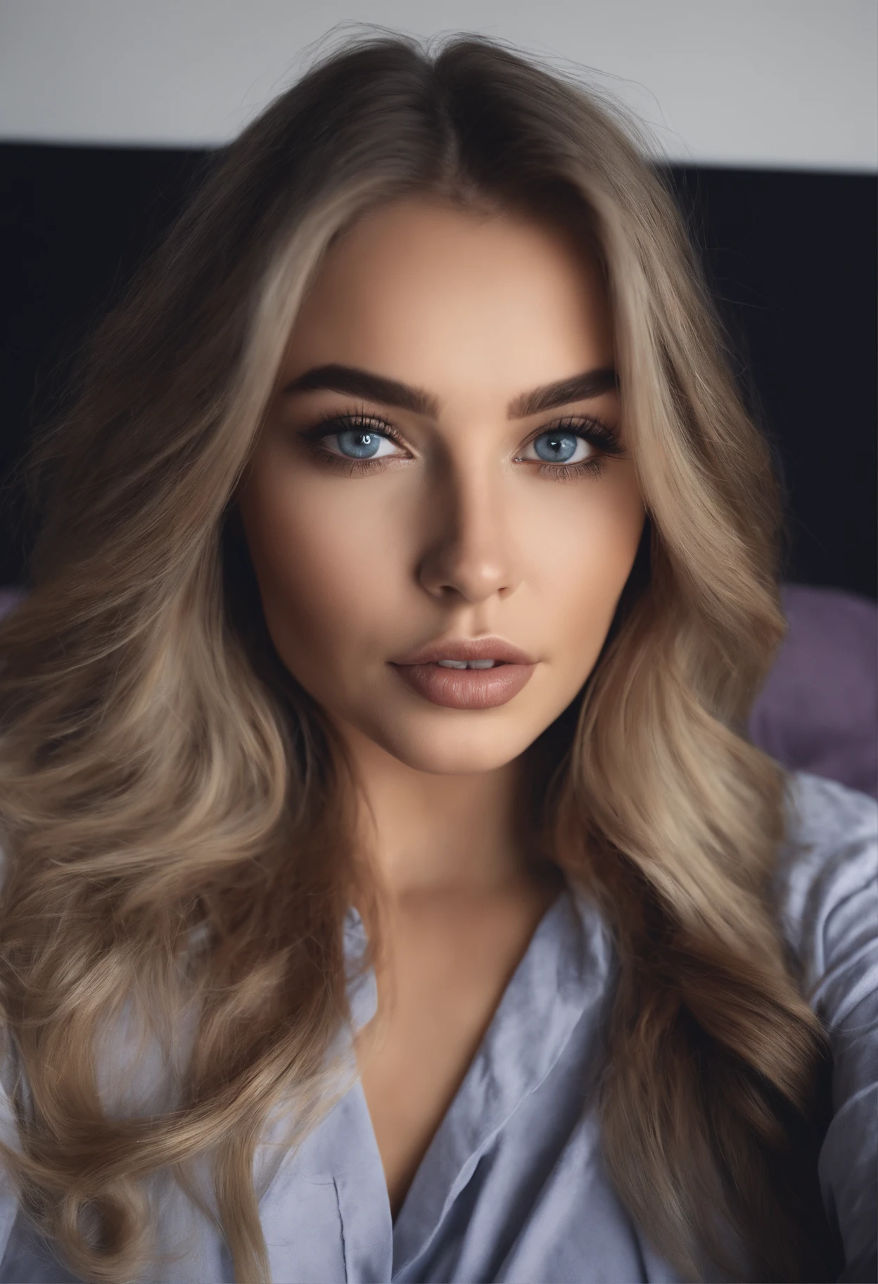 Arafed woman completely , fille sexy aux yeux bleus, ultra realist, Meticulously detailed, Portrait Sophie Mudd, cheveux blonds et grands yeux, selfie of a young woman, Yeux de chambre, Violet Myers, sans maquillage, maquillage naturel, looking straight at camera, Visage avec Artgram, Maquillage subtil, Great photo of the whole body kneeling on the bed, dans la chambre, Medium to large bust, yeux bruns, Souriant, Tenue sexy, latex, Chlorure de polyvinyle, cuir, simili-cuir maillot de bain