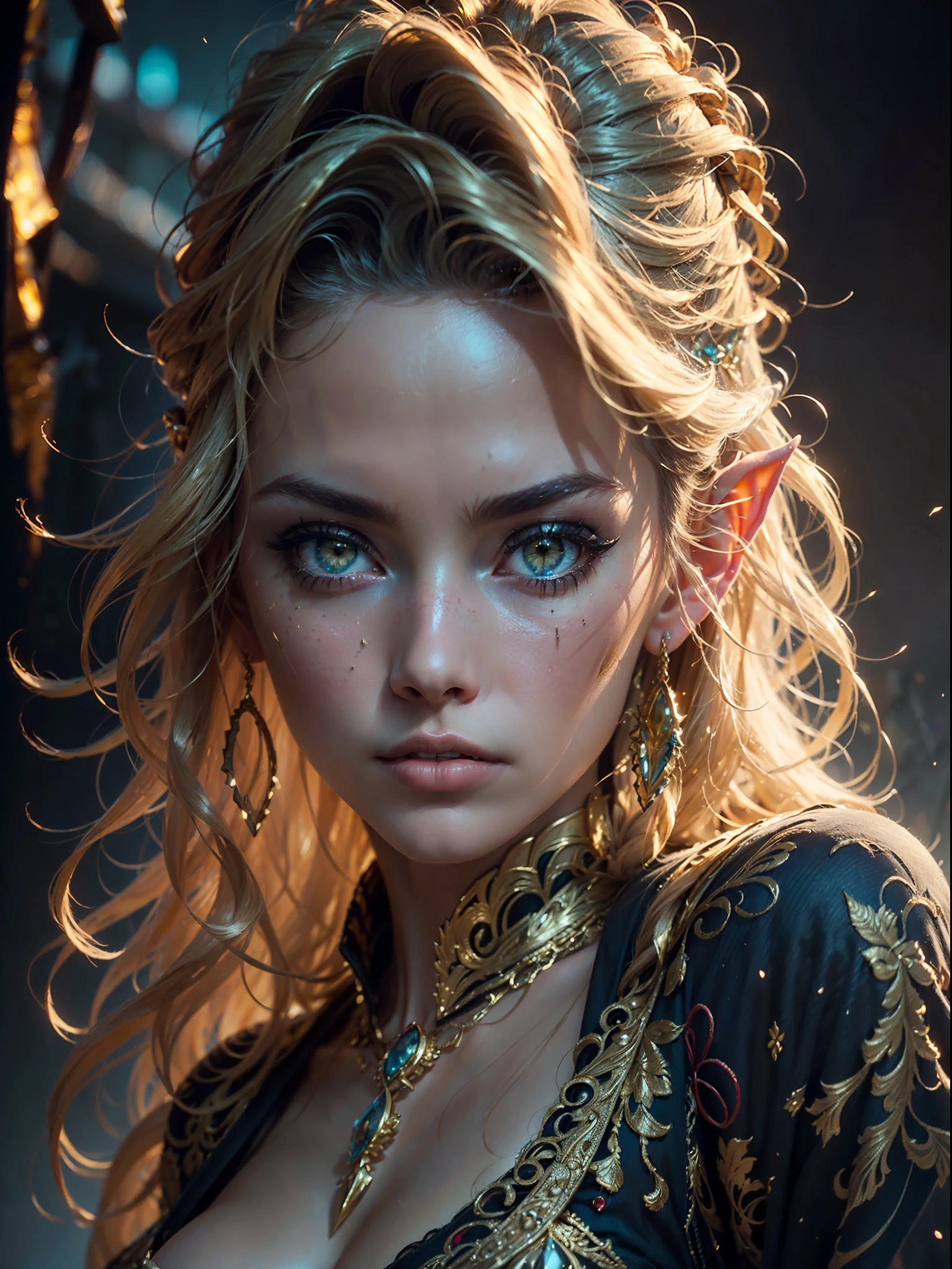 A stunning (three quarters view cowboy shot) of an elf Queen wearing  elaborate bejewelled headdress, ((long flowing gold hair flying, bright gold eyes)), beautiful pale makeup, color portrait, striking golden eyes, cleavage, large breasts, gold dust spread across the skin and face, (dark, hyper-realistic photos (((HDR+)))), 8k, soft cinematic light, Adobe Lightroom, Photolab, HDR, intricate, elegant, highly detailed, sharp focus, ((((((cinematic appearance)))), soft tones, insane details, intricate details, hyperdetailed, low contrast, soft cinematic light, faint colors, exposure mix, faded, slate atmosphere.