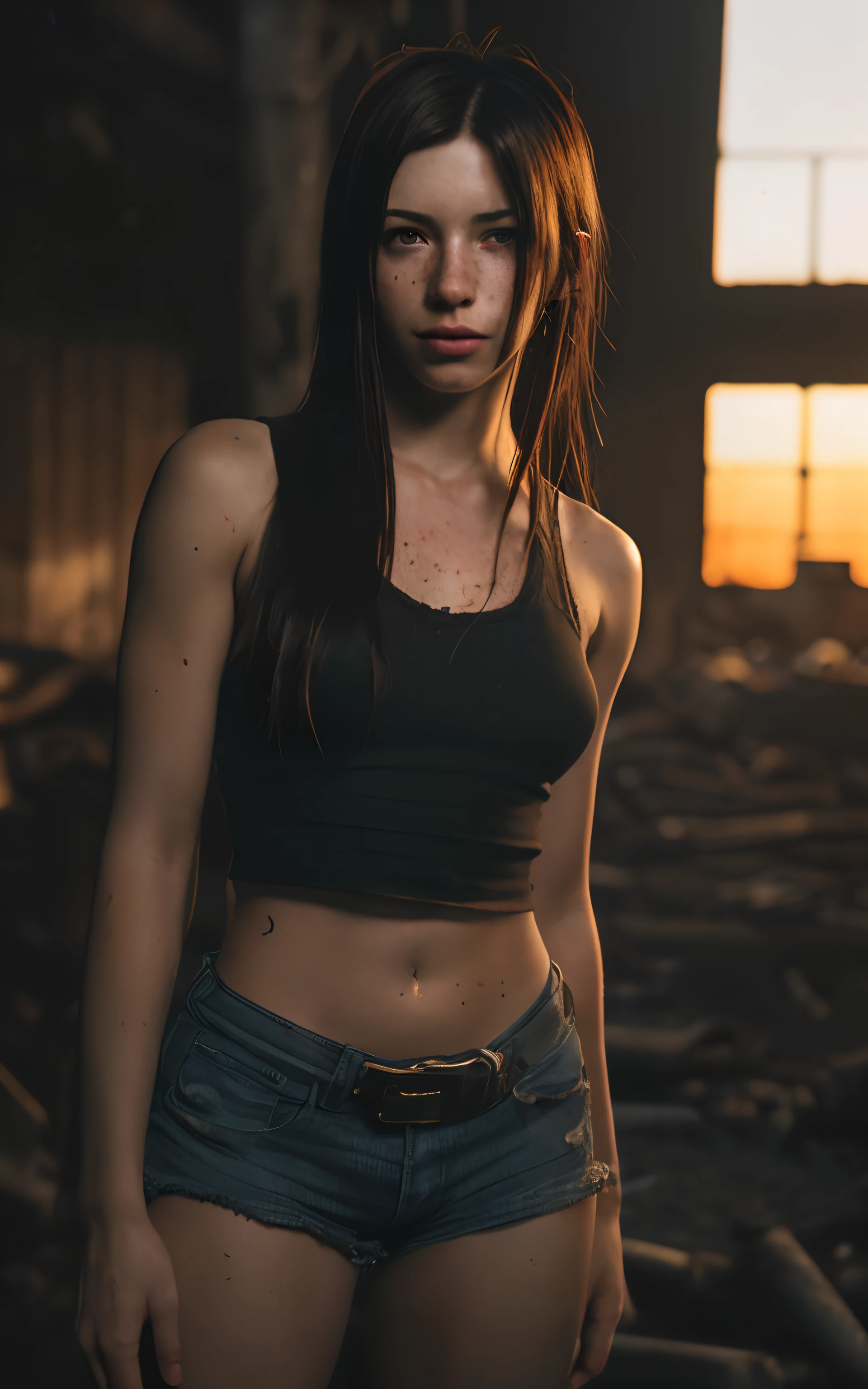 (Full body shot), (RAW photo of a 20 year old Tifa Lockhart), (highly detailed face:1.4) (smile:0.7) (dark apocalyptic background, private:1.3), wasteland, sunset, by lee jeffries, nikon d850, film stock photography, 4 kodak portra 400 ,camera f1.6 lens, rich colors, hyper realistic, lifelike texture, dramatic lighting, cinestill 800, messy hair, serious, (freckles:].4), pale skin, cute sexy
