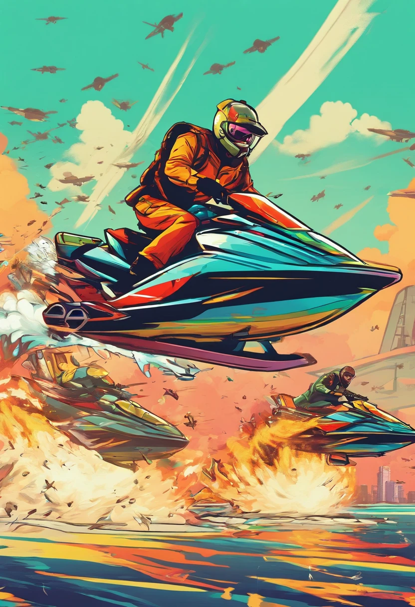 Generate artwork , vitromorfismo, homem em fuga com um jetski, being chased by helicopters and you F18 fighters