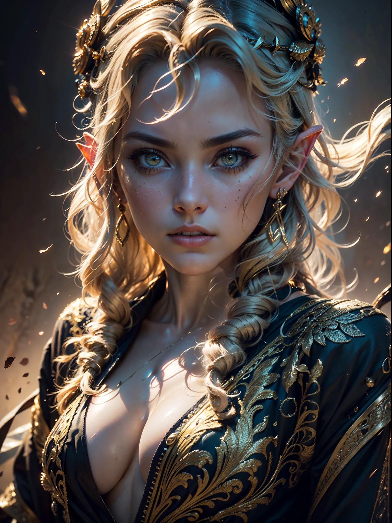 A stunning (three quarters view cowboy shot) of an elf Queen wearing  elaborate bejewelled headdress, ((long flowing gold hair flying, bright gold eyes)), beautiful pale makeup, color portrait, striking golden eyes, cleavage, large breasts, gold dust spread across the skin and face, (dark, hyper-realistic photos (((HDR+)))), 8k, soft cinematic light, Adobe Lightroom, Photolab, HDR, intricate, elegant, highly detailed, sharp focus, ((((((cinematic appearance)))), soft tones, insane details, intricate details, hyperdetailed, low contrast, soft cinematic light, faint colors, exposure mix, faded, slate atmosphere.