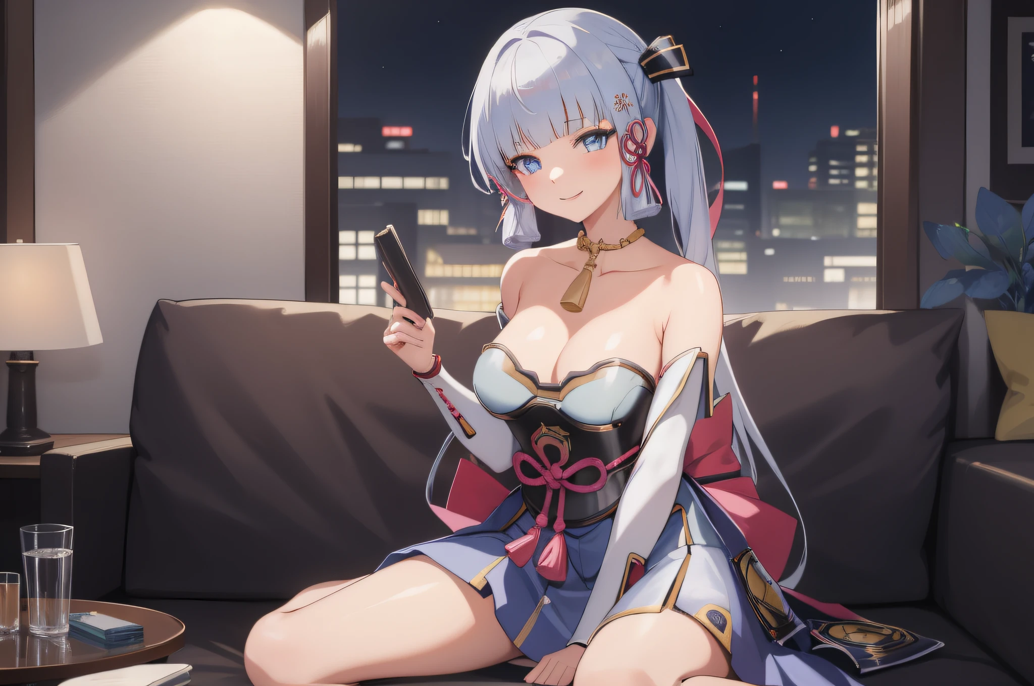 (masterpiece, best quality, detailed),1girl,kamisatoayakadef,(silver hair) ,  sitting on a couch in a room, seductive anime girl, attractive anime girl, anime best girl, pretty anime girl, anime moe artstyle, beautiful anime girl, (anime girl), 4k anime wallpaper, an anime girl, cute anime girl,eye details,teasing smile, clean detailed anime art,high resolution, (perfect hands, perfect anatomy),