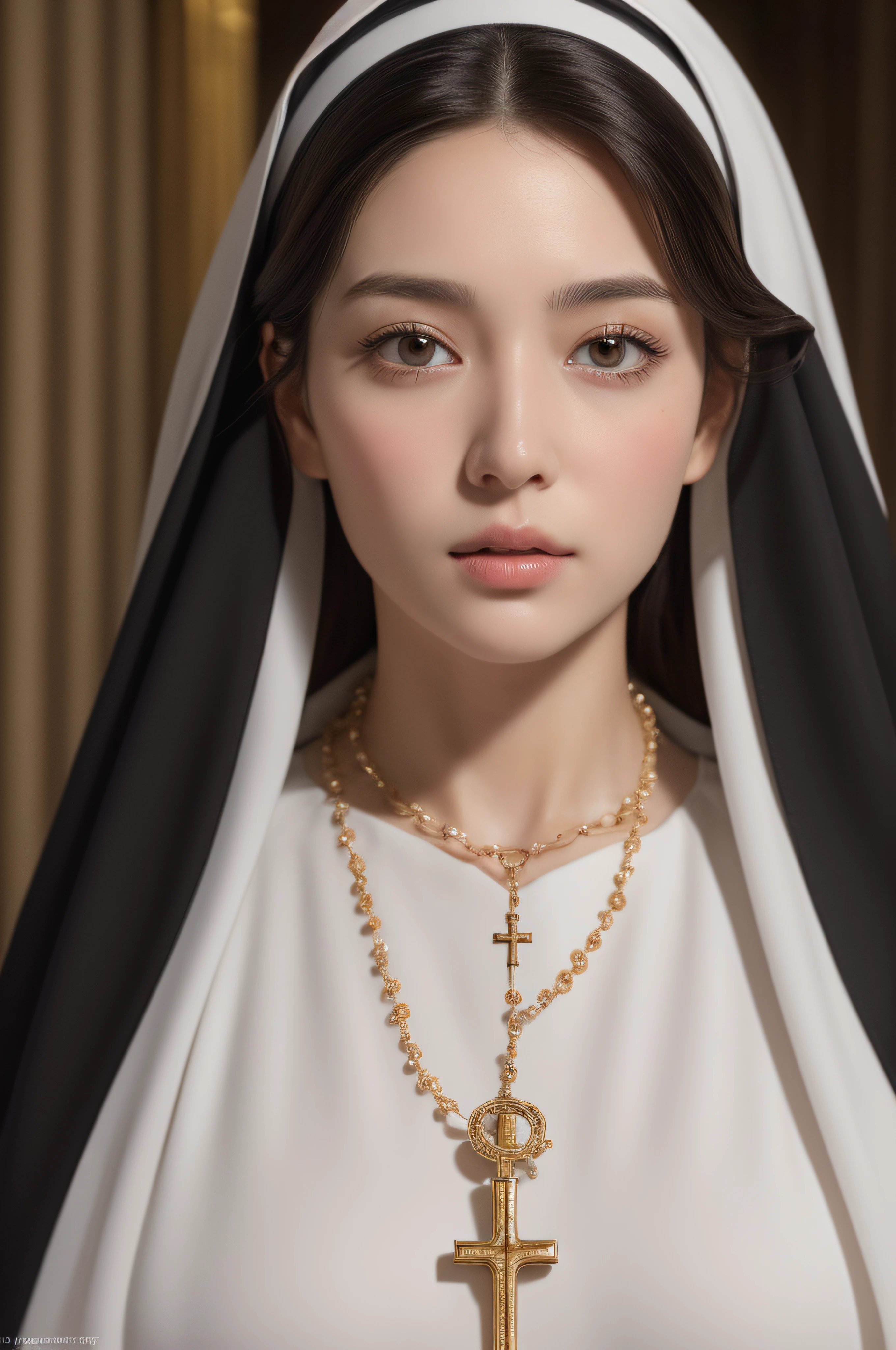 (masuter piece:1.3)、(8K、Photorealsitic、Raw photography、top-quality: 1.4)、(1girl in)、Very beautiful face、(Very realistic face)、(A dark-haired、long:1.3)、Very beautiful hairstyle、Very realistic eyes、Very beautiful details、(Very realistic skin)、Very beautiful skin、absurderes、Very attractive、超A high resolution、A hyper-realistic、high-detail、the golden ratio、finely detail, Perfect dynamic composition, Beautiful detailed eyes, Longhaire, (Nun with cross and rosary in hand in cathedral), (Veiled nun), (Breast bulge 1.2), 25-years old