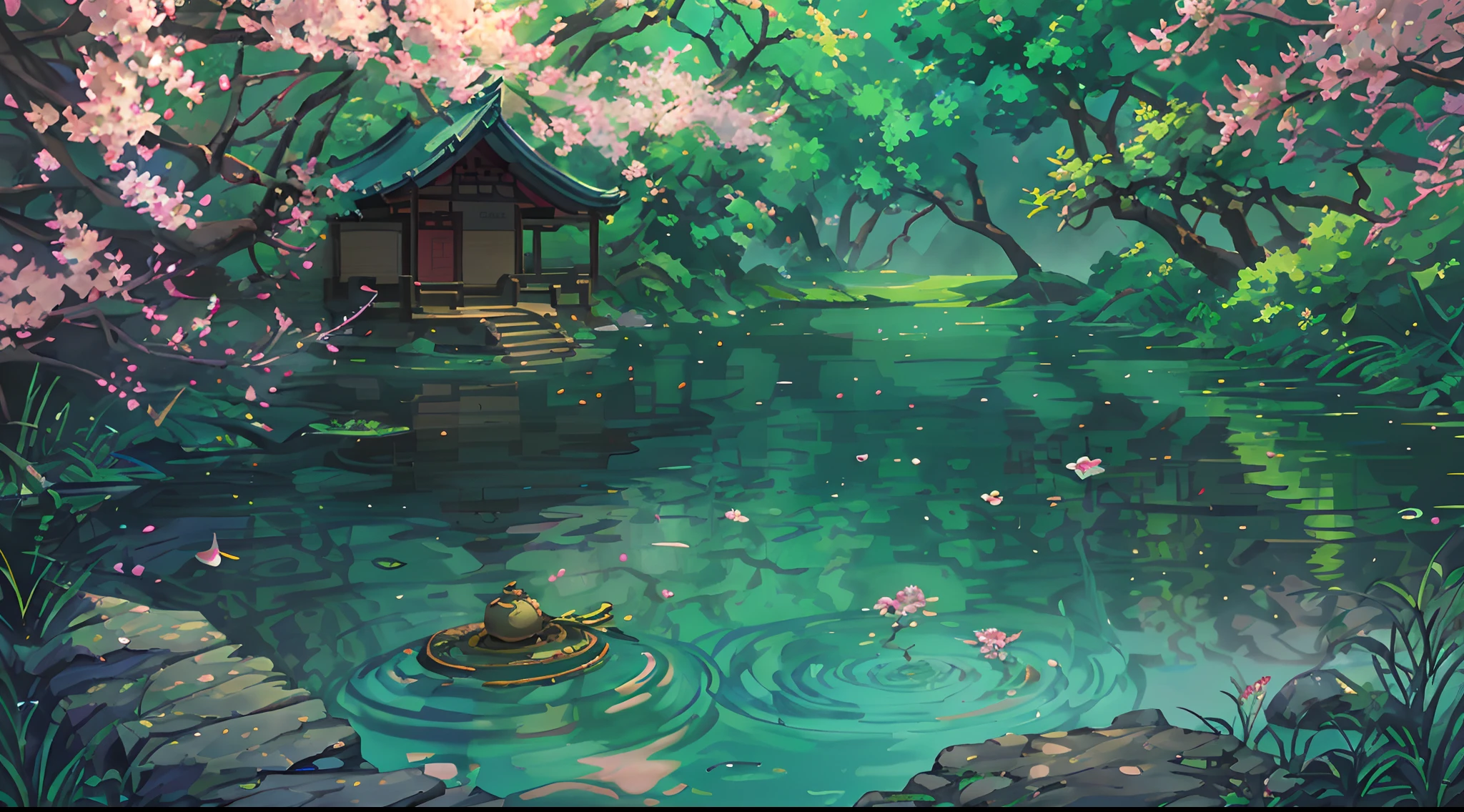 Chinese ancient times, spring, jungle, lake, cave, waterfall, tree, meadow, rock, deer, hot spring, water vapor, (illustration: 1.0), epic composition, realistic lighting, HD details, masterpiece, best quality, (very detailed CG unified 8k wallpaper)
