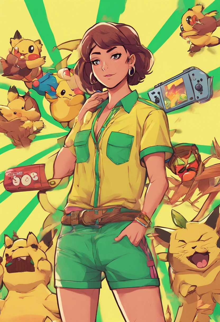 master part, best quality, high resolution, sereno 1, 1 girl, sereno 1, 1 girl, sereno (Pokémon), sozinho, olhos cinzentos, cabelos pretos, green shorts, Tiara Vermelha, camisa, camisa amarrada,, short hair, mangas curtas, shorts, Listras, camisa amarela, belt, Middle-class shooting, grama, campo, sorrir, Standing,