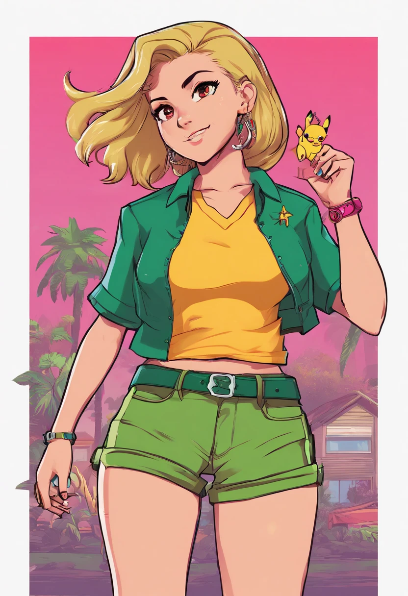 master part, best quality, high resolution, sereno 1, 1 girl, sereno 1, 1 girl, sereno (Pokémon), sozinho, olhos cinzentos, cabelos pretos, green shorts, Tiara Vermelha, camisa, camisa amarrada,, short hair, mangas curtas, shorts, Listras, camisa amarela, belt, Middle-class shooting, grama, campo, sorrir, Standing,