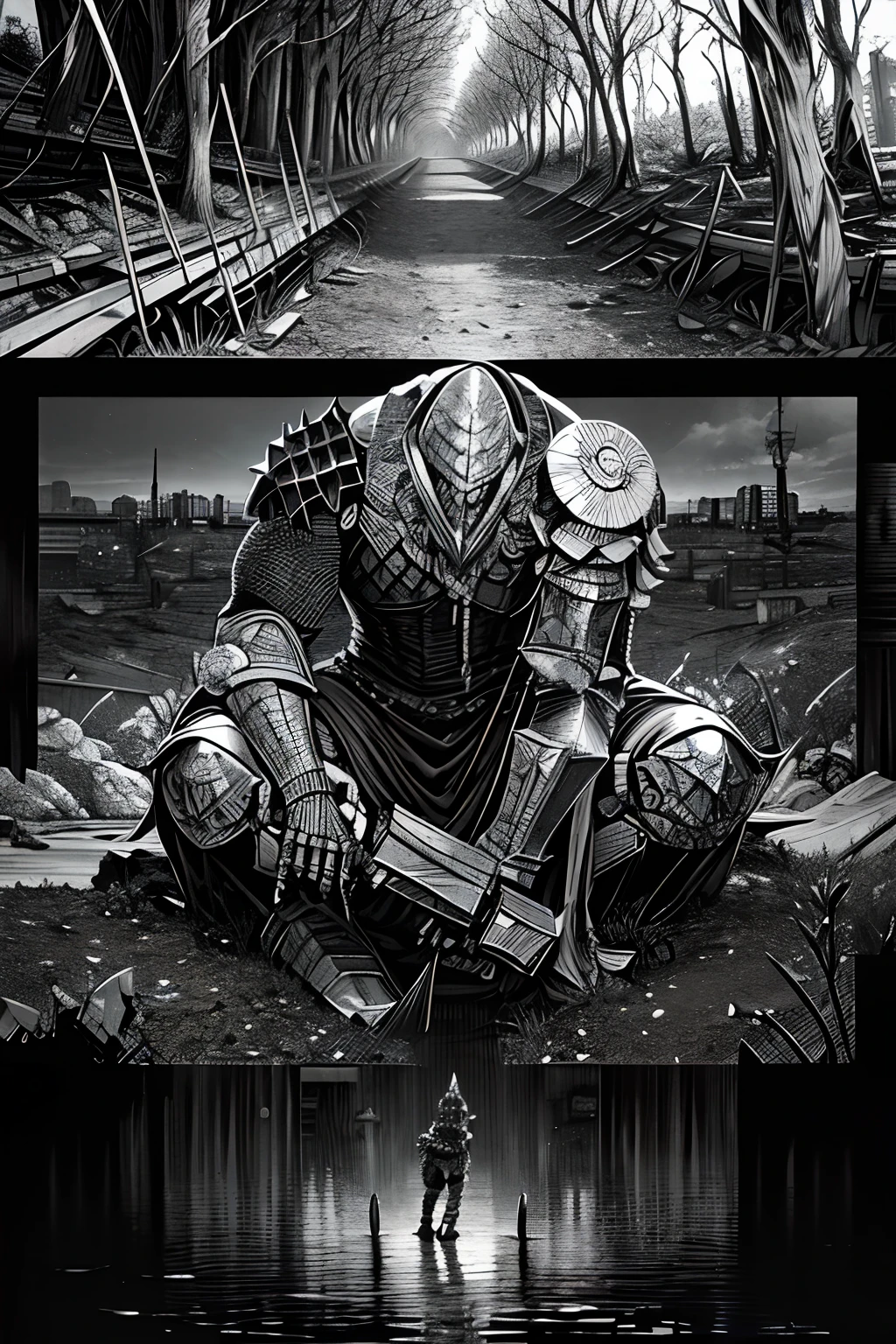 Comic storyboard:1.8, comic strip_layout, Metal Madden male Chaos Warrior An armored horned warrior wields a great sword in a ruined post-apocalyptic city, Skeleton mask, Sci-fi, fantasy, Horror, Skulls on the ground, Blood, Tornado, Roman, Empty chairs,Tangled roots,key, contortion,mangled,Ethereal, (isolation:1.1), (glaze:1.1), (reflective light:1.2), glass, polygon, Ultra detailed, Intricate, oil on the canvas, Dry brush, (surrealism:1.1), (Disturbing:1.1), Enhanced detail., 32K ，hyper HD