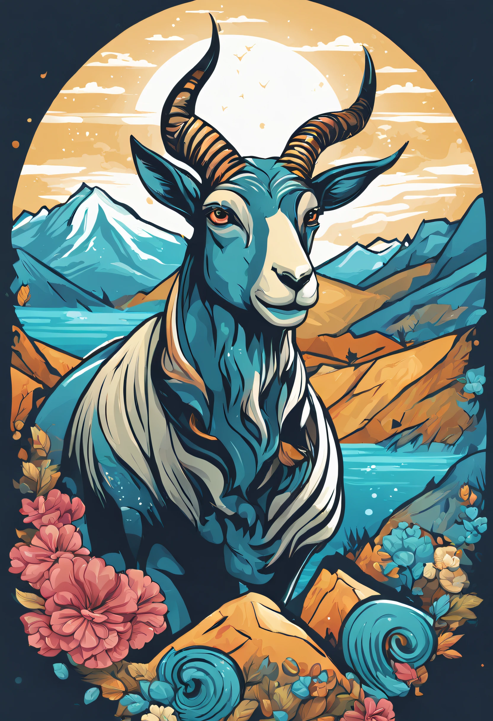 t-shirt graphic design art, flat illustration of the sign Capricorn is the tenth sign of the zodiac and is associated with characteristics such as ambition, responsibility, discipline and determination. Its symbolic representation, the Sea Goat, reflects the idea that people born under this sign are hardworking and have the ability to overcome obstacles to achieve their goals, much like a climbing goat that climbs steep mountains. , colorful tones, highly detailed cleaning, vector image, photorealistic masterpiece, professional photography, plain white background, isometric, vibrant, vector
