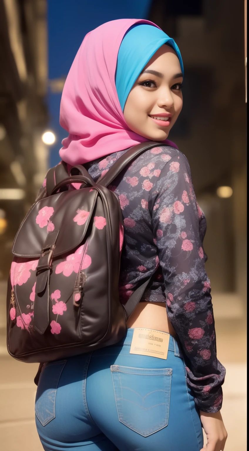 Malay girl in hijab wear small floral shirt and pants in college, wear back pack, back view, detail skin, detail skin texture, sexy ass, mole below eyes, small breast, big hip, big waist, big round ass, big thigh, slim abs, beautiful body, nighttime, laughing, happy, bright lighting, college student in background, crowded college, blur background, bokeh,