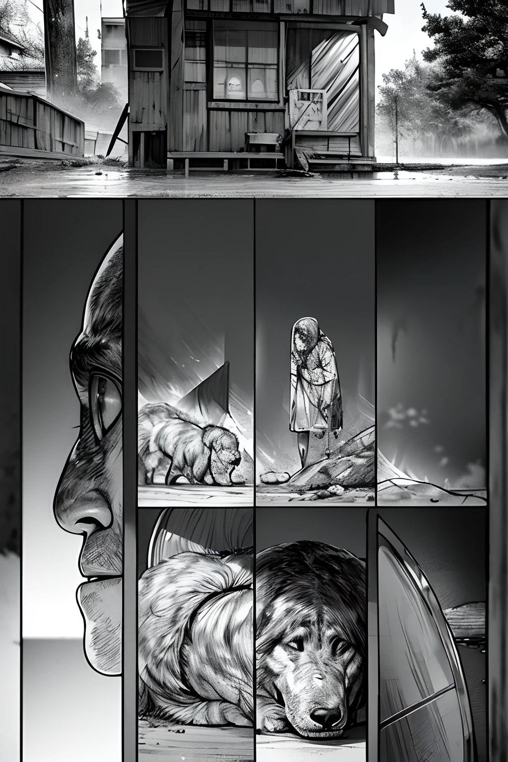 Comic storyboard:1.8, comic strip_layout, A poor puppy is homeless,Dirty,And scars,, (isolation:1.1), (glaze:1.1), (reflective light:1.2), glass, polygon, Ultra detailed, Intricate, oil on the canvas, Dry brush, (surrealism:1.1), (Disturbing:1.1), Enhanced detail., 32K ,hyper HD