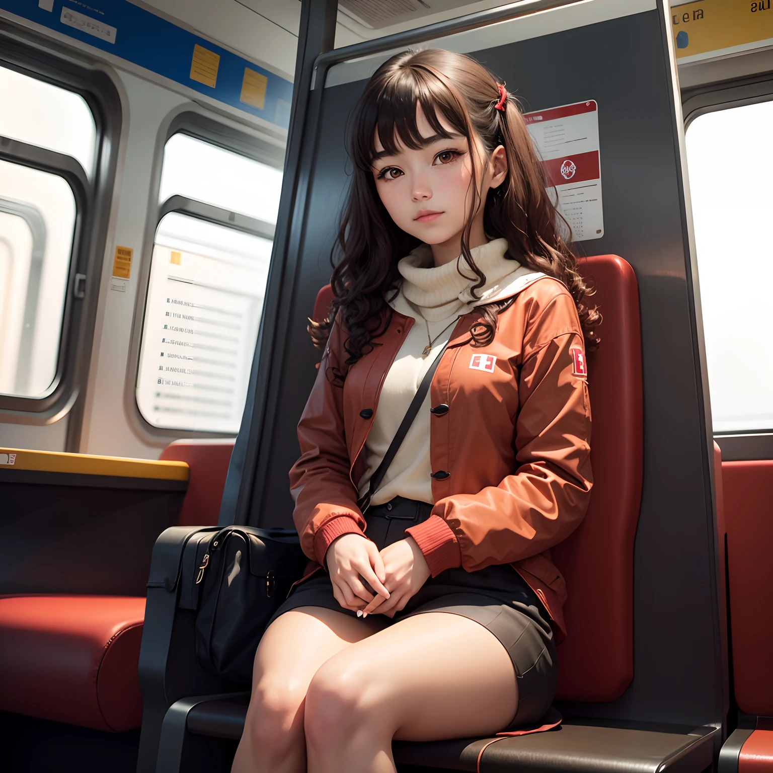 An Italian-Chinese girl with brown curly hair sits on a small Swiss red train