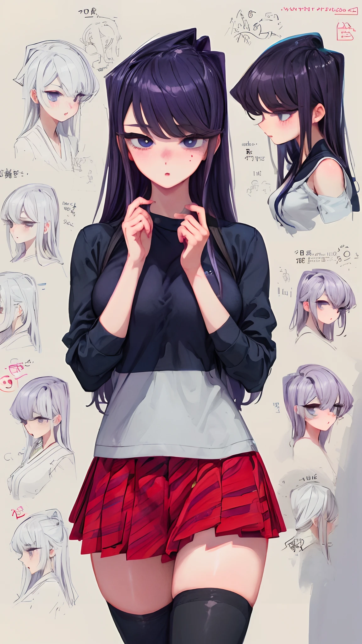 komi shouko,pixal style，Hands behind their backs，(reference sheet:1.0), (infographics:1.15), (blueprint:1.25), (pencil drawing:1.25), (Rough sketch: 1.25), (aquarelle: 0.8), 1girll, (Various facial expressions, Emotions:1.1), (a variety of poses, dynamicposes:1.1), Upper body, (Cowboy shot:1.2), (full bodyesbian:1.3) (1girll, Solo:1.5),18yr old ,kawaii, Casual, Skirt,cropped shoulders，C cup，Ultra shorts，black lence stockings，High detail,Moles under eyes, Heart-shaped pupils，Love pupils，Fleshy thighs,highly rendered，detailed face with