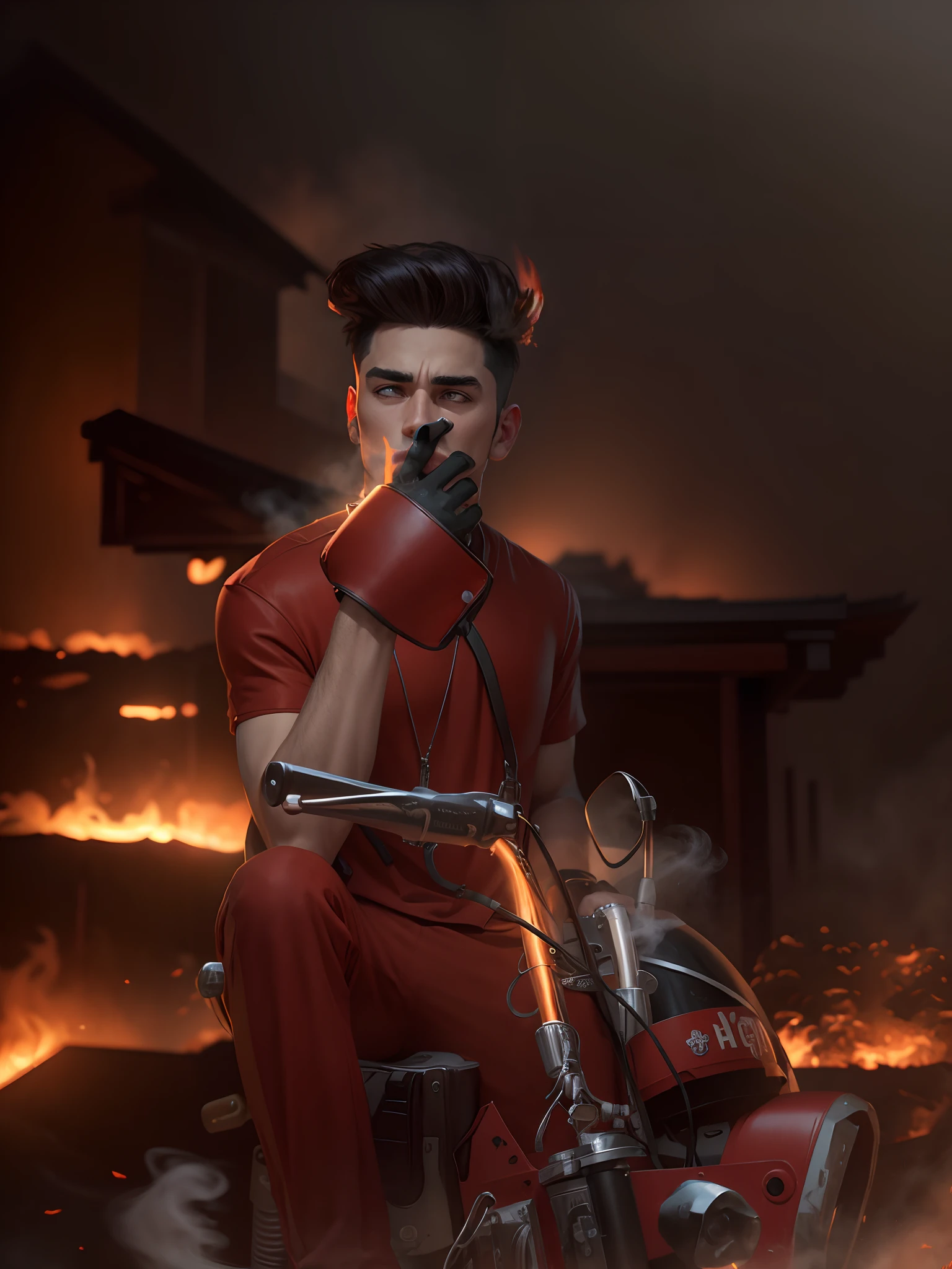 Background change into fire house and gost raider costume with under mouth cigar with smoke handsome boy realistic photo realistic 8k photo