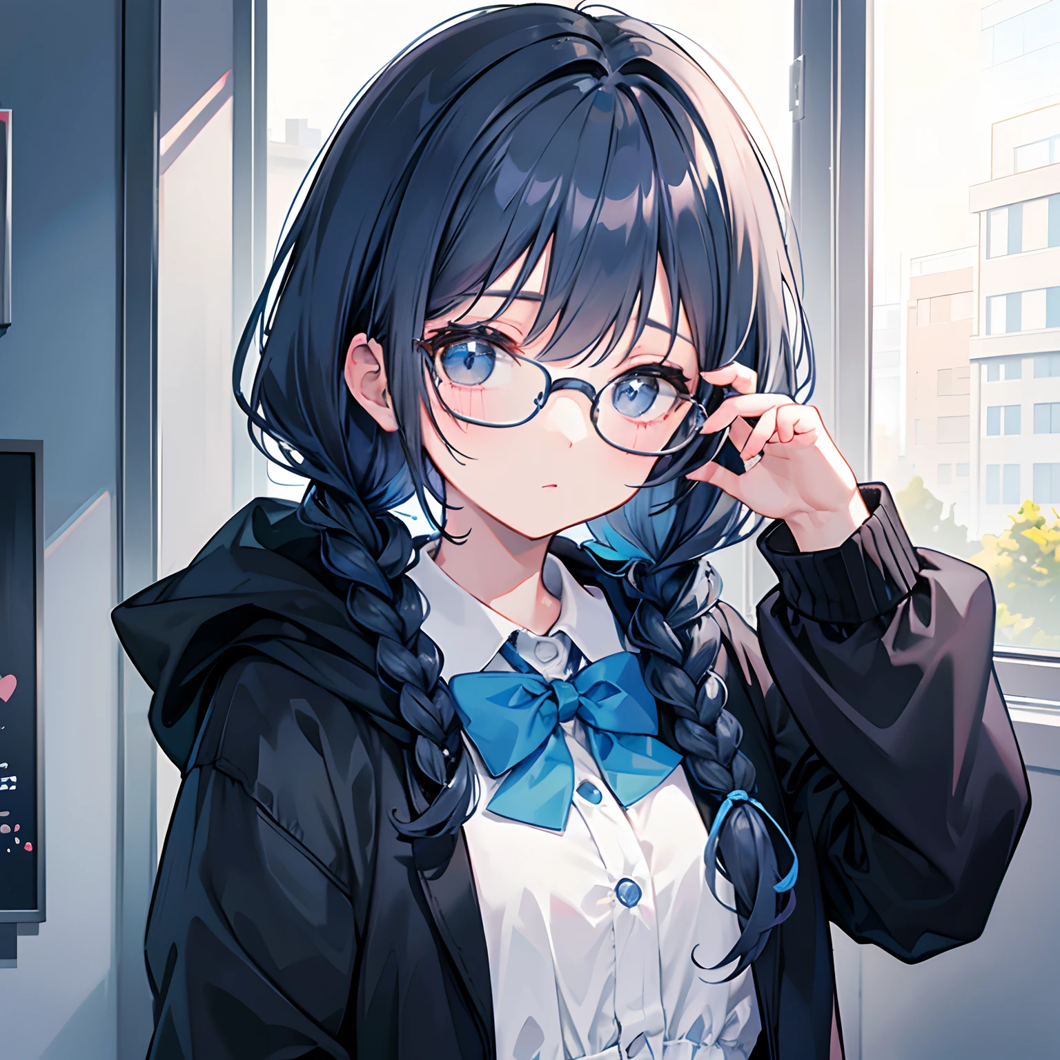 Gray and dark blue hair，With braids，Comes with a pair of thick-rimmed glasses，wearing white clothes，JK school uniform black cloth dress，Short，It's a cute little ，Face shot