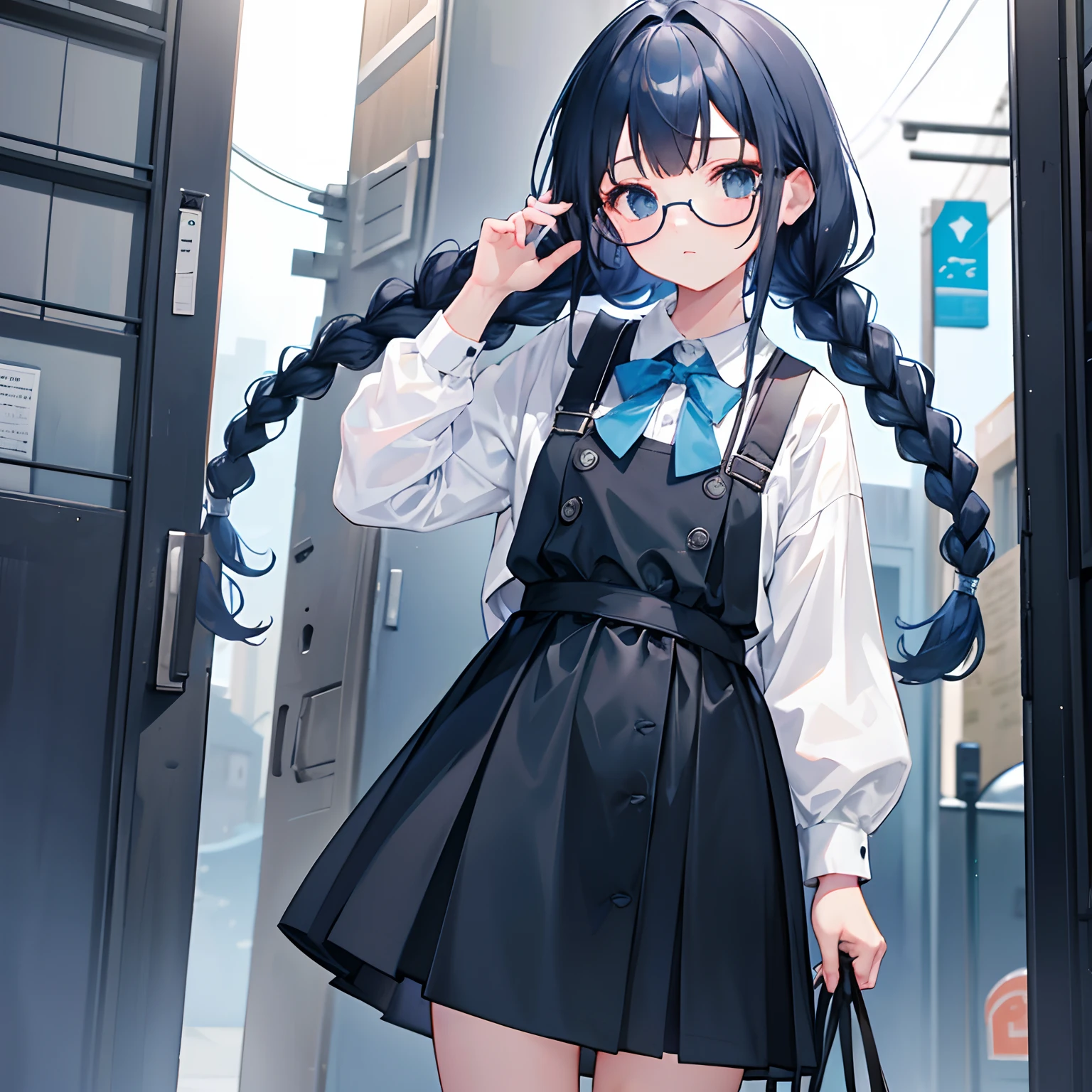 Gray and dark blue hair,With braids,Comes with a pair of thick-rimmed glasses,wearing white clothes,JK school uniform black cloth dress,Short,It's a cute little ,Face shot