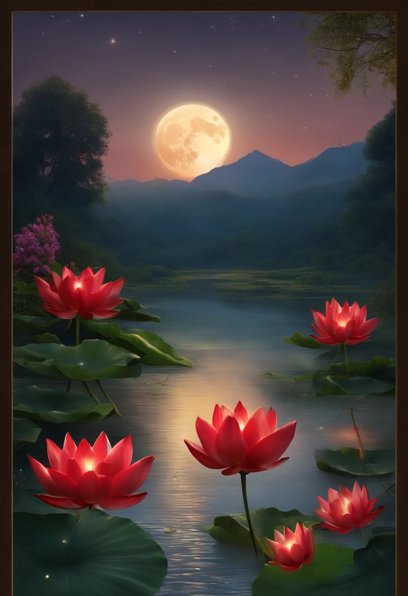 At night, only the moonlight illuminates, crooked moon, mountains in the distance, beautiful big lotus flowers nearby, big red lotus flowers, running water next to it, frogs, summer full of joy, crooked moon in the sky mixed with stars, amazing wallpaper, rainy night, night in the rain, beautiful and beautiful, movie, high detail ((heavy rain))), 8k