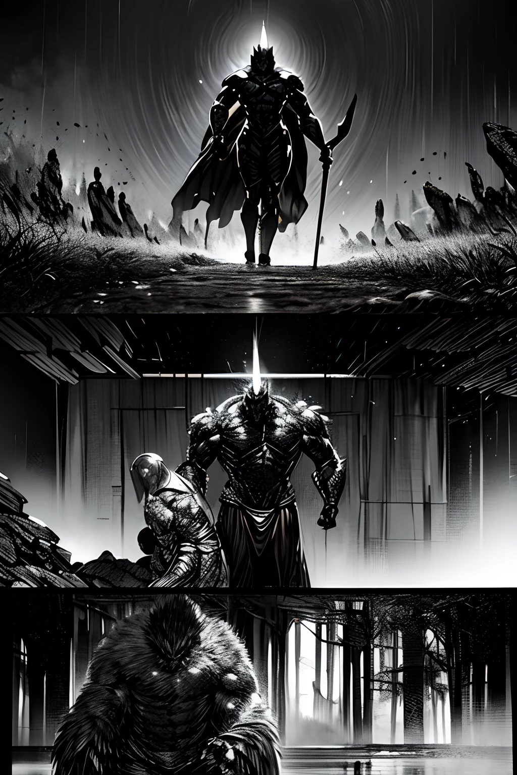 Comic storyboard:1.8, comic strip_layout,A tiny black-clad armored warrior confronts a giant demon king，Body disparity，fantasy, Horror, Skulls on the ground,  contortion,mangled,Ethereal, (isolation:1.1), (glaze:1.1), (reflective light:1.2), glass, polygon, Ultra detailed, Intricate, oil on the canvas, Dry brush, (surrealism:1.1), (Disturbing:1.1), Enhanced detail., 32K ，hyper HD