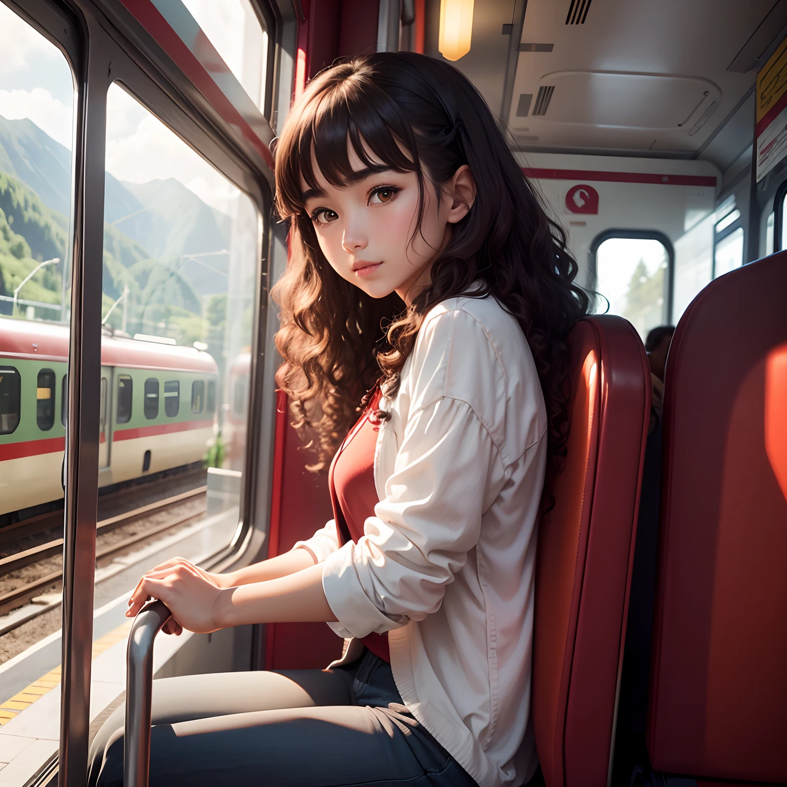 An Italian-Chinese girl with brown curly hair sits on a small Swiss red train
