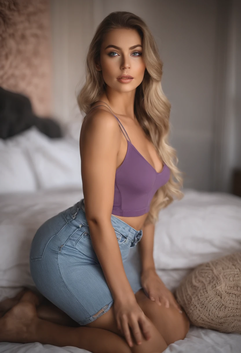 A woman in a matching T-shirt and panties, Sexy girl with blue eyes, portrait sophie mudd, Portrait of Corinna Kopf, blonde hair and large eyes, selfie of a young woman, Eyes at the Violet Myers Club, without Макияж, natural makeup, looking straight at camera, face with artgram, dezentes Make-up, Stunning full-length shot, in bedroom, cleavage