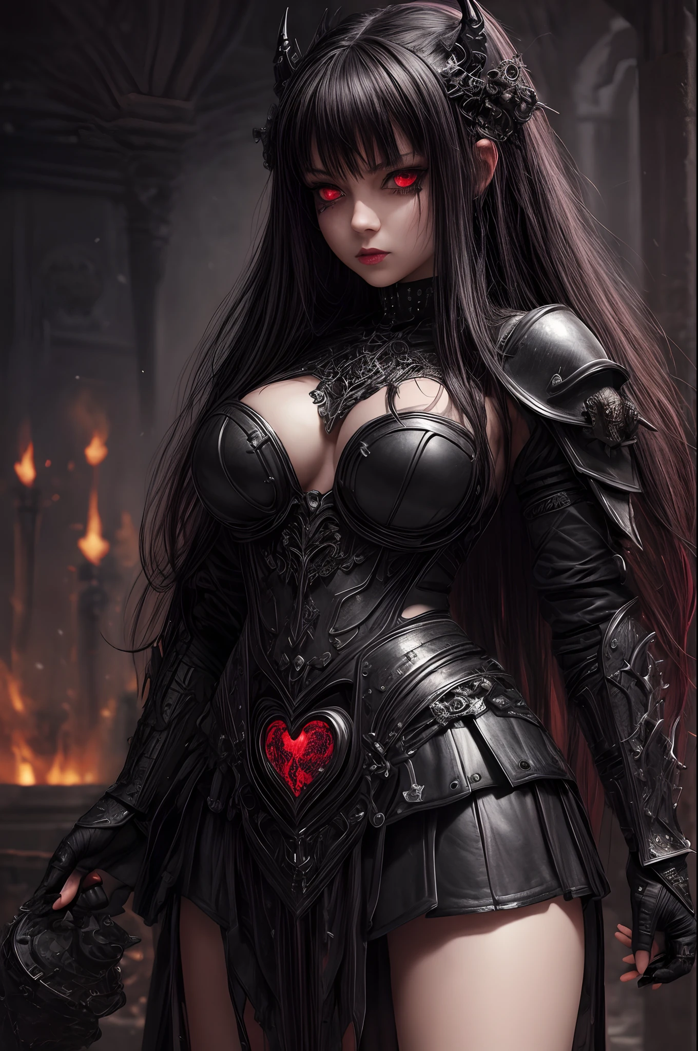 (queen power armor), (()) , (gothic style) , bellybutton, The most beautiful and sexy demon goddess, long ashy hair, glowing red eyes, wearing detailed black gothic battle armor, (tattoos and piercings), gothic castle, perfect masterpiece, high quality, high resolution, ((horror girl)), blood big armor, ((the third eye)), naked, ,FFIXBG, a heart on the nipple